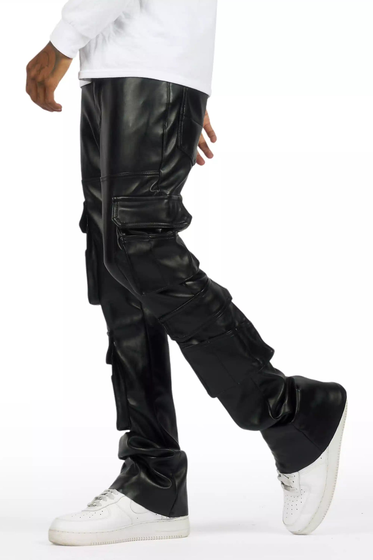 Keylor Black Stacked Flare PU Pants
