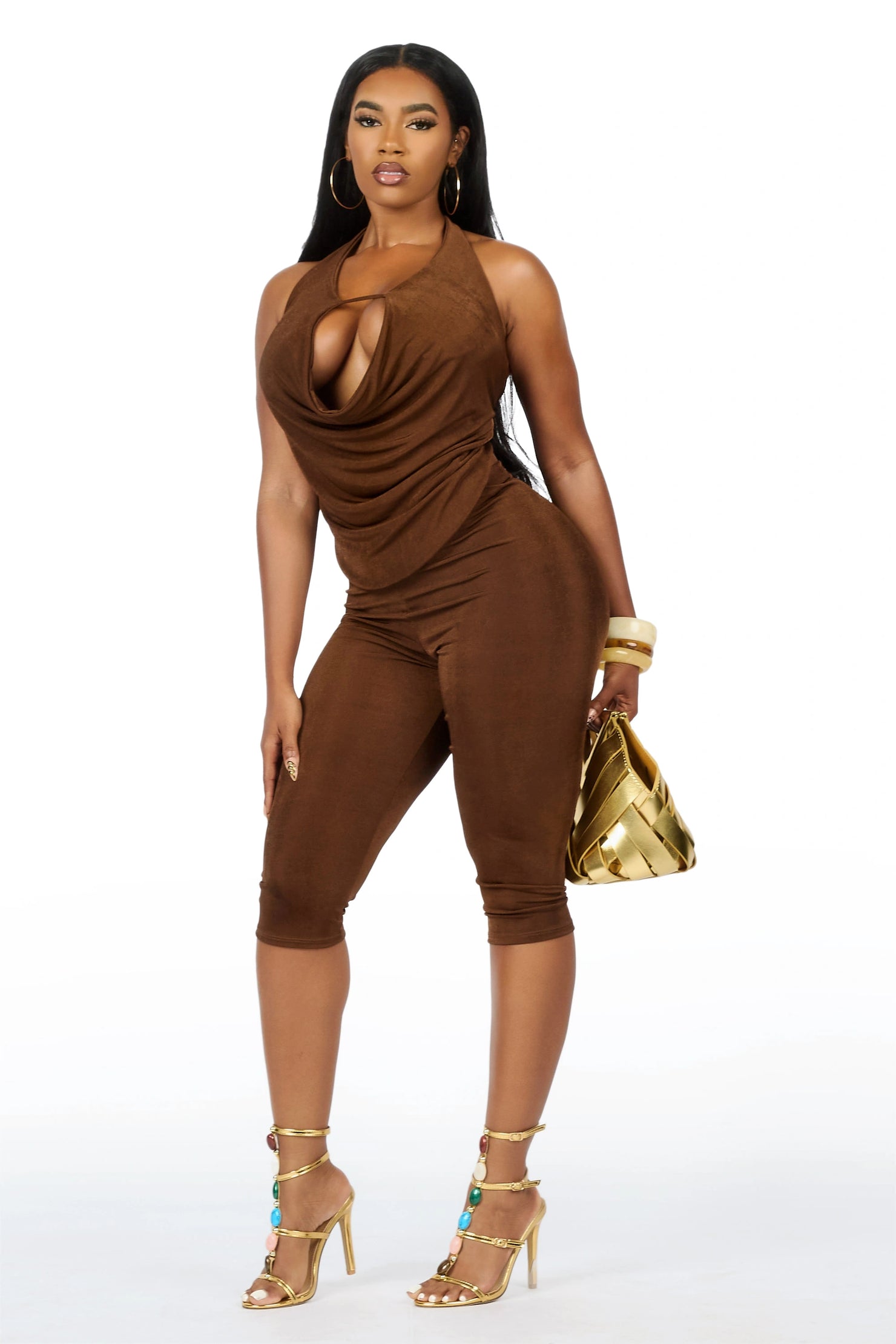 Draped-Up Brown Matching Capri Set