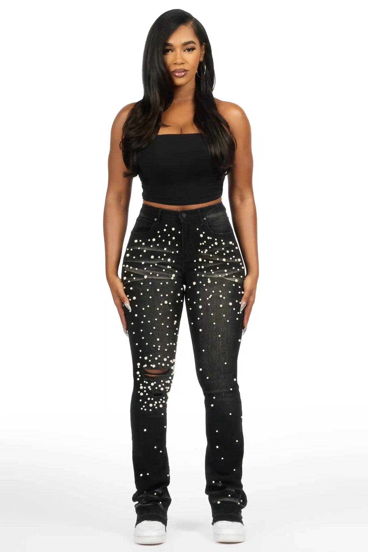 Jeannine Black Pearl Stacked Flare Jean