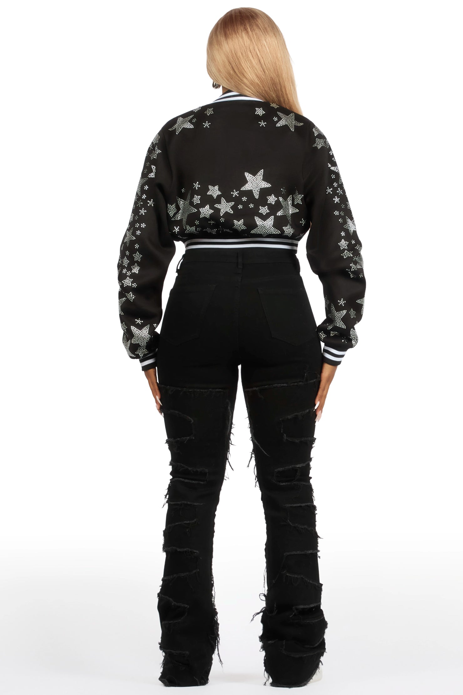 Shanda Black Crop Rhinestone Varsity Jacket