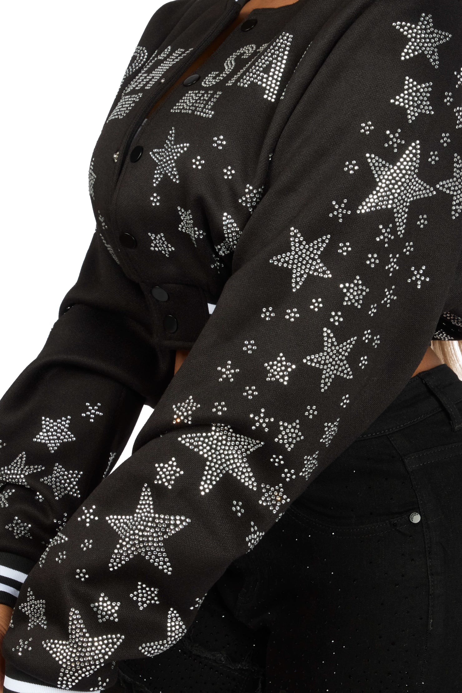 Shanda Black Crop Rhinestone Varsity Jacket