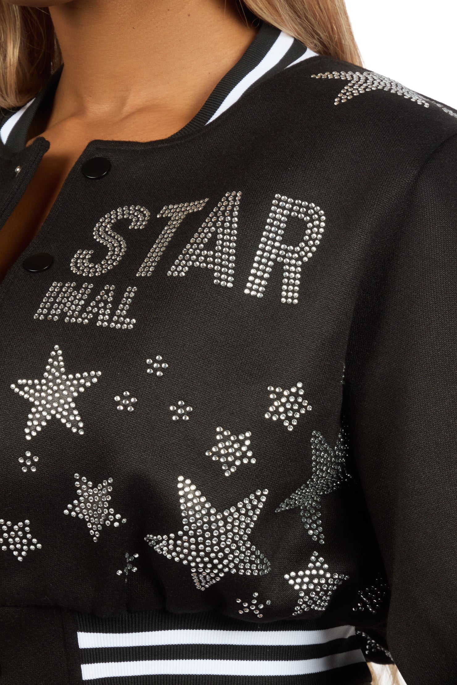 Shanda Black Crop Rhinestone Varsity Jacket