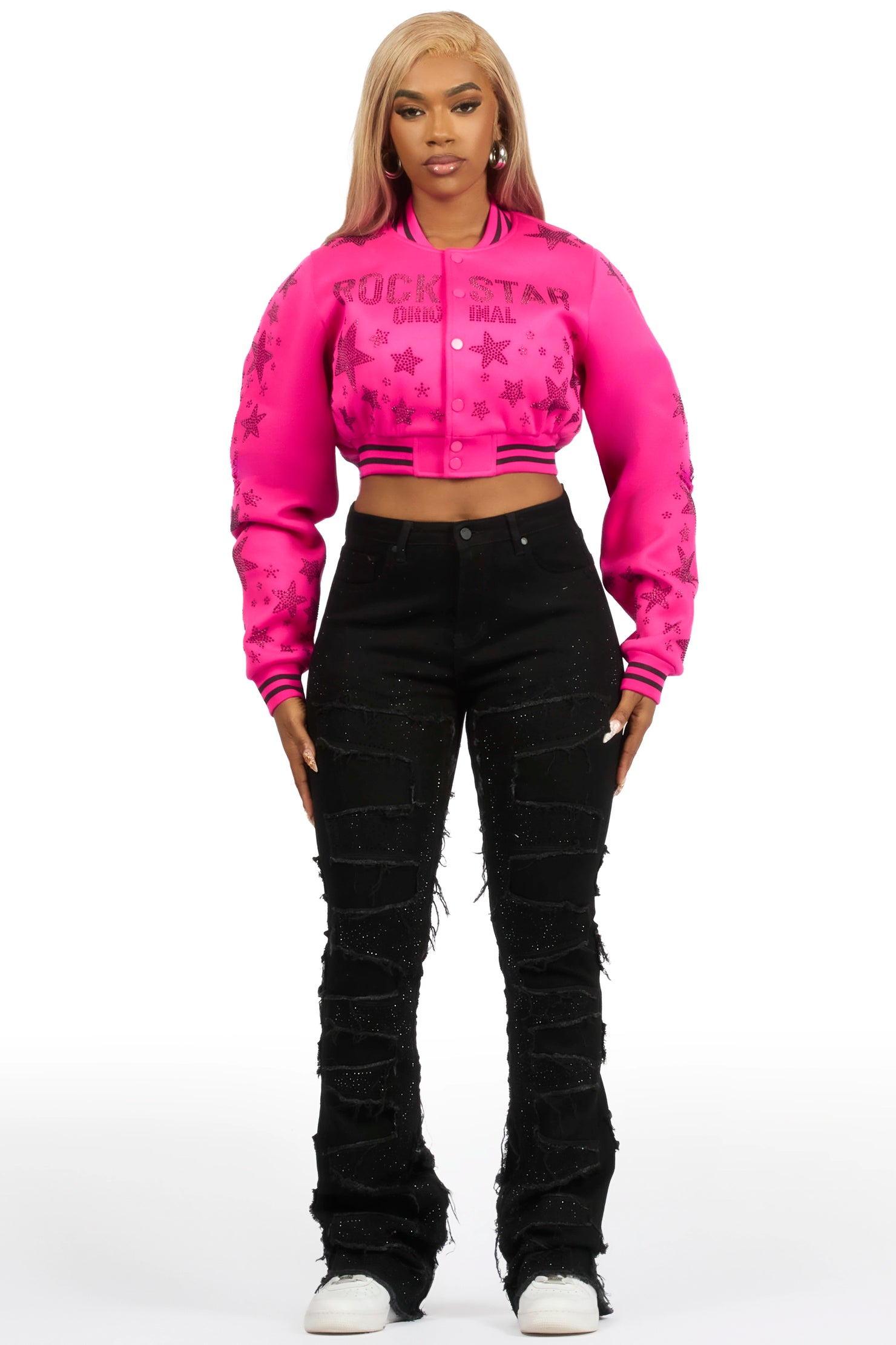 Shanda Hot Pink Crop Rhinestone Varsity Jacket