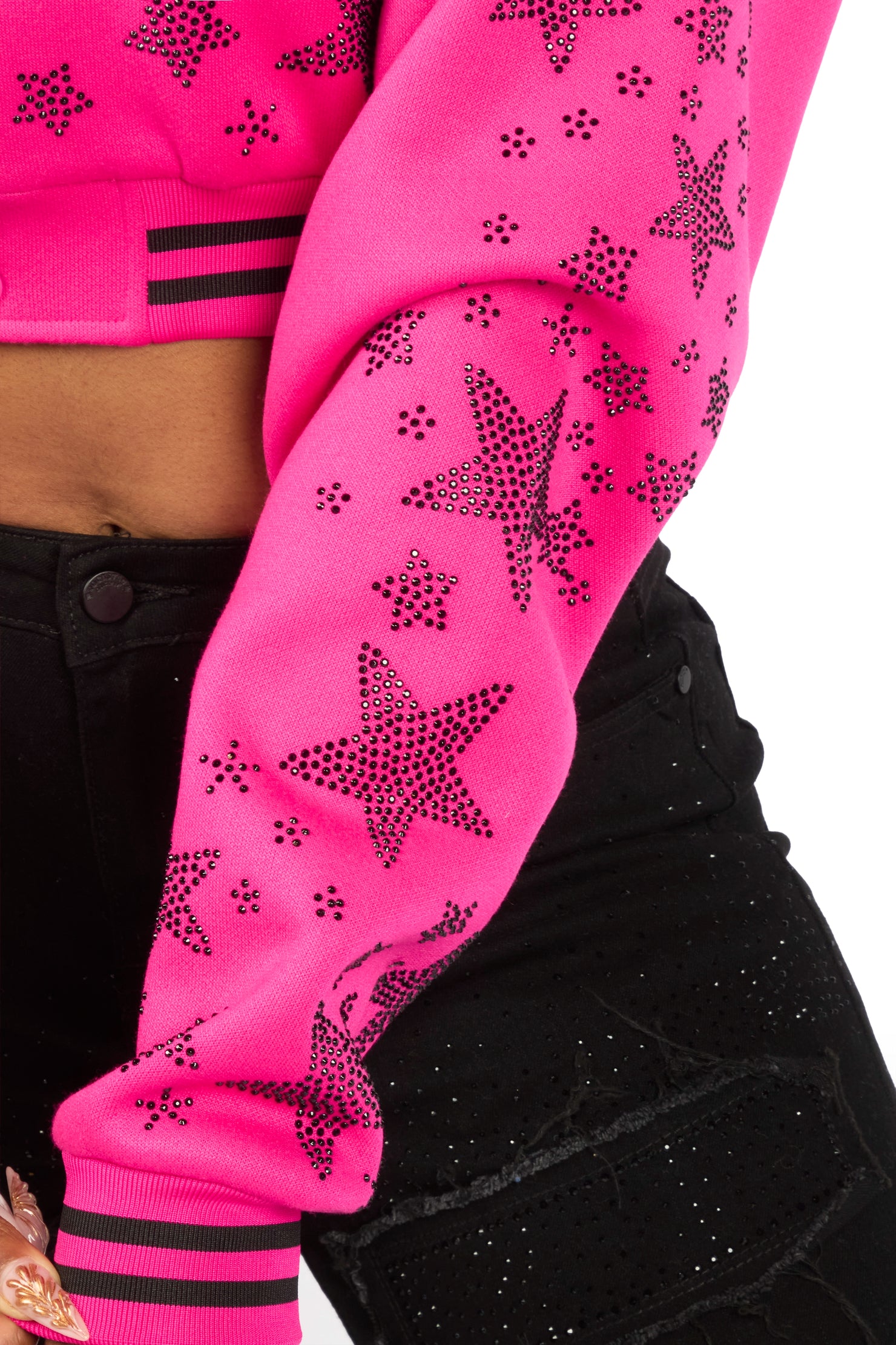 Shanda Hot Pink Crop Rhinestone Varsity Jacket