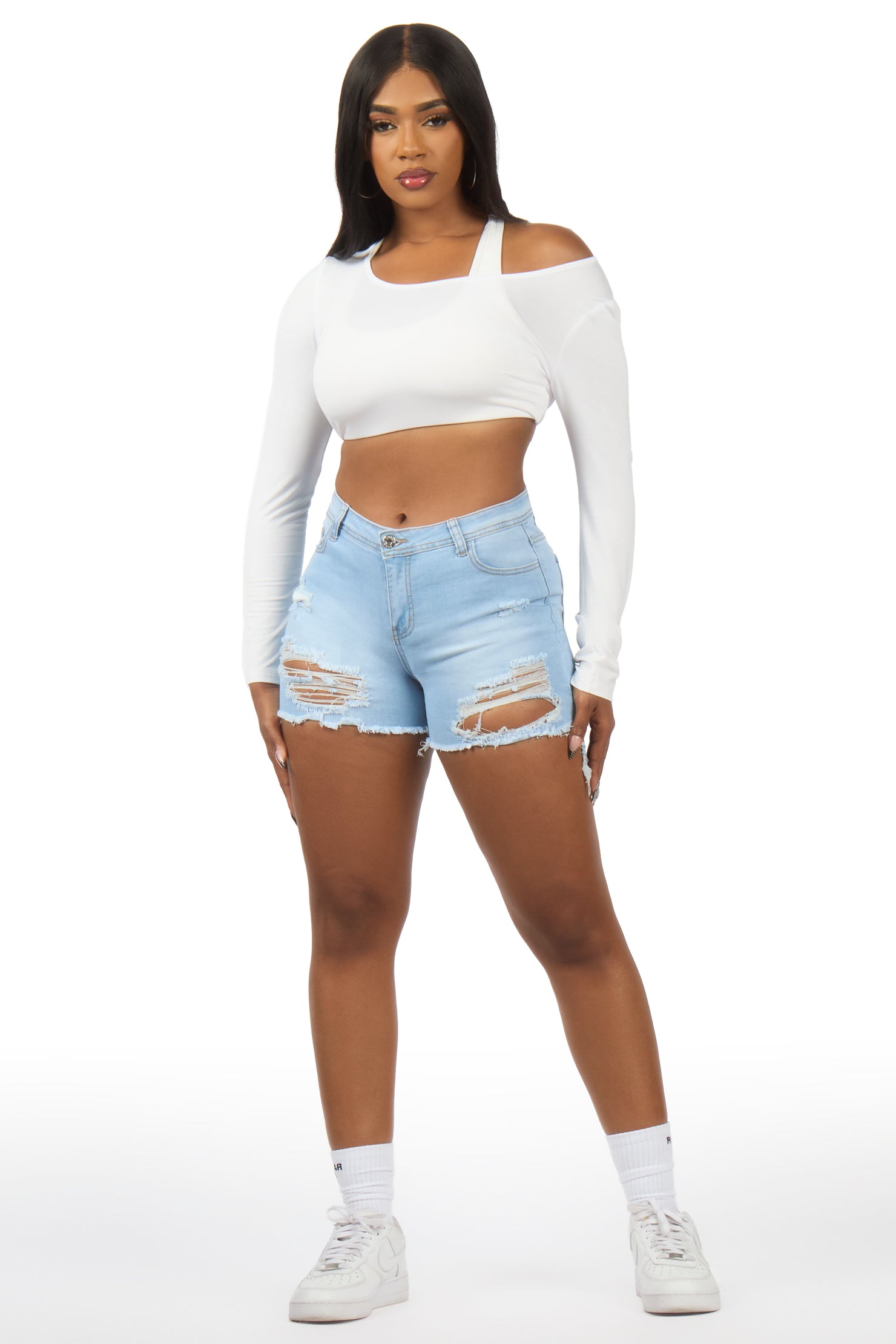 Denee Light Wash Distressed Denim Short