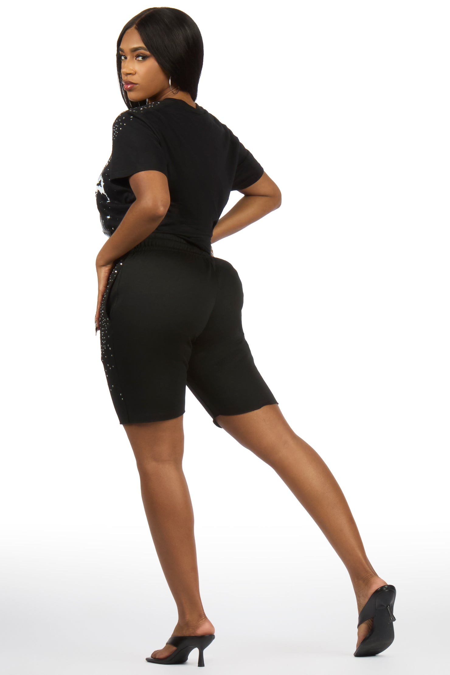 Malyka Black Rhinestone T-Shirt Short Set