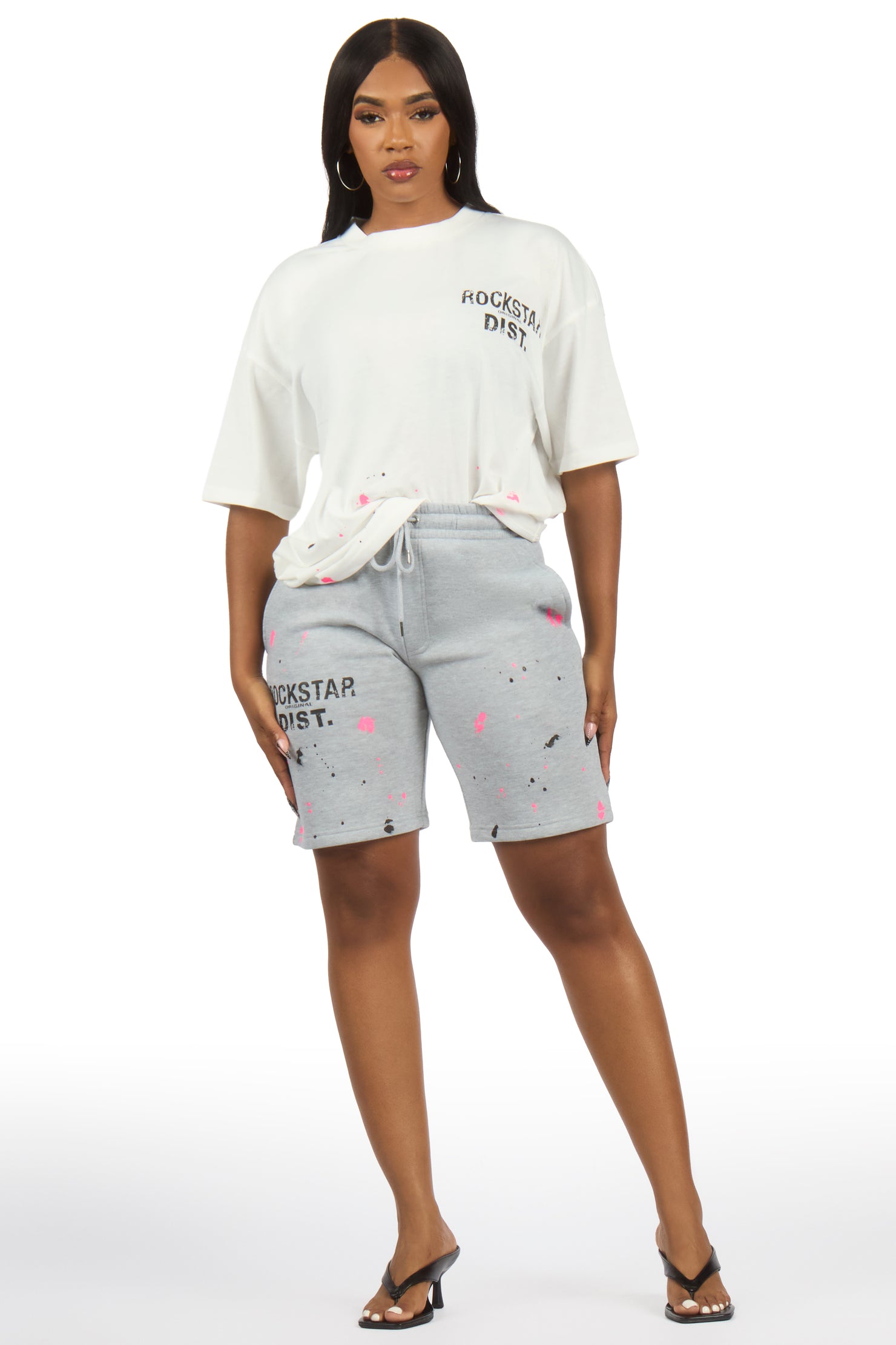 Lezaria White/Grey/Pink T-Shirt Short Set
