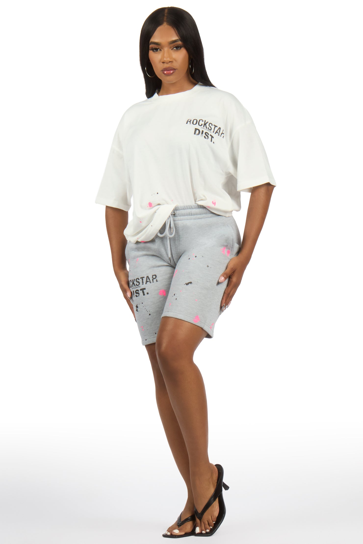 Lezaria White/Grey/Pink T-Shirt Short Set