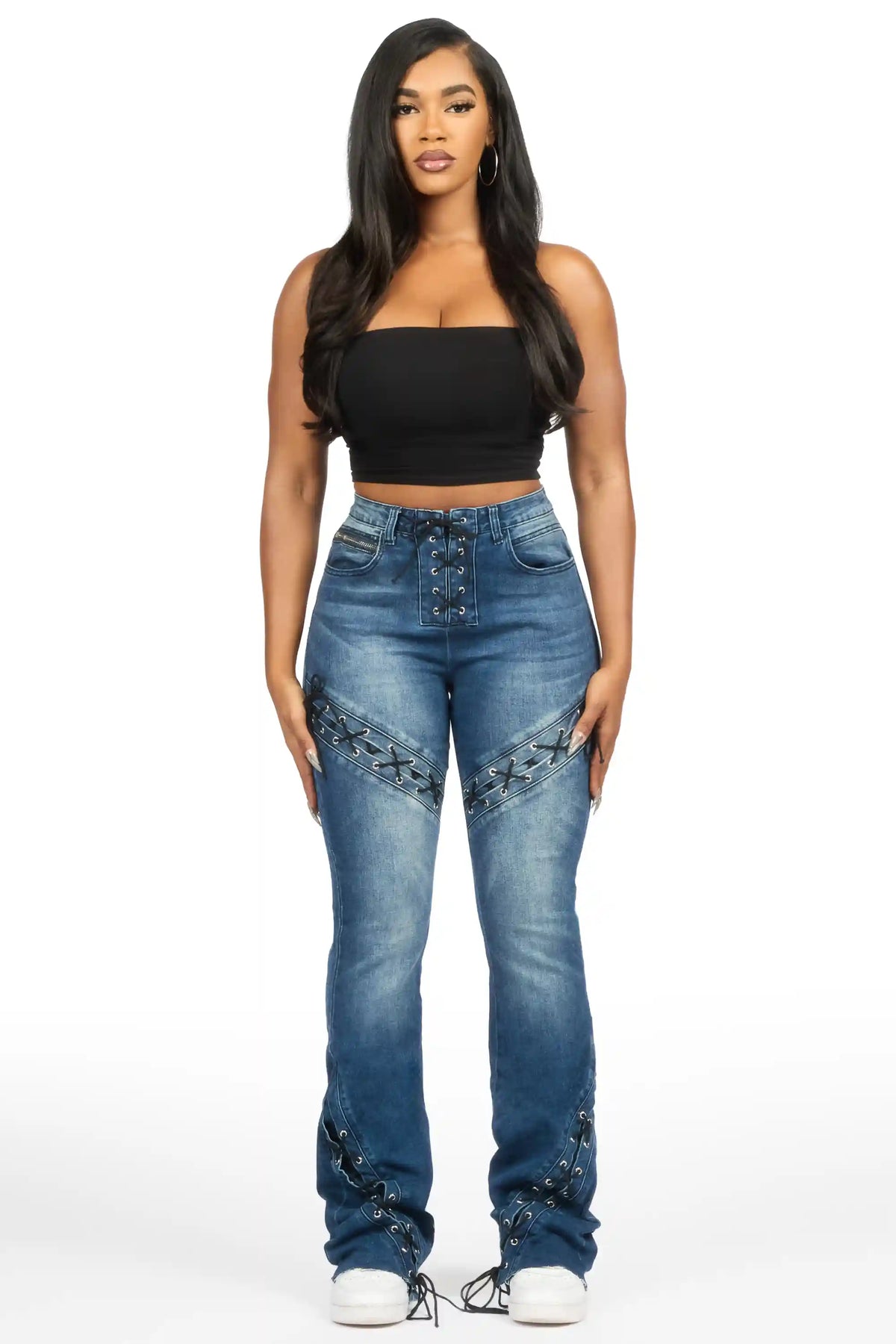 Shanai Dirty Wash Lace Up Stacked Flare Jean