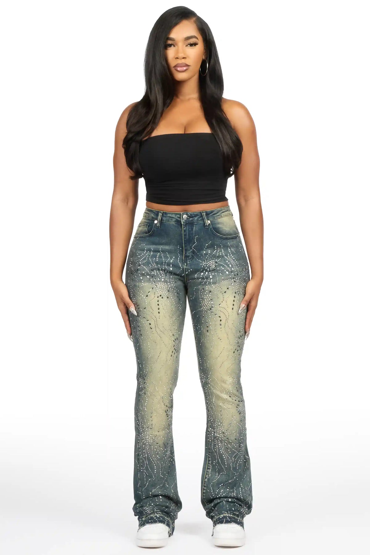 Deidra Dark Wash Rhinestone Stacked Flare Jean