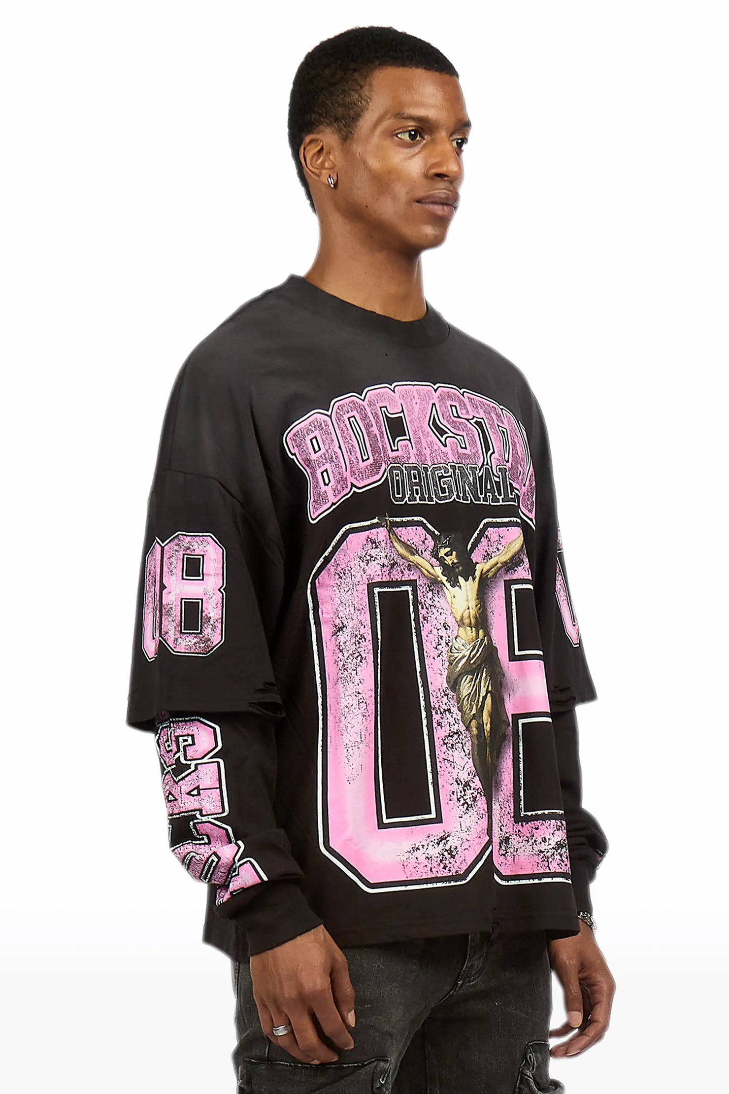 Fields Black/Pink Double Layer Long Sleeve Graphic T-Shirt