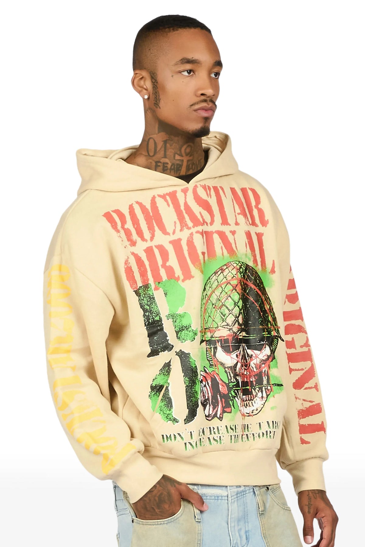 Kilshot Romance Beige Distressed Graphic Hoodie