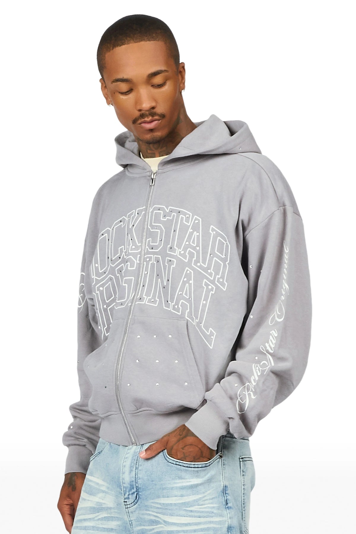 Dripped Vintage Grey Rhinestone Hoodie