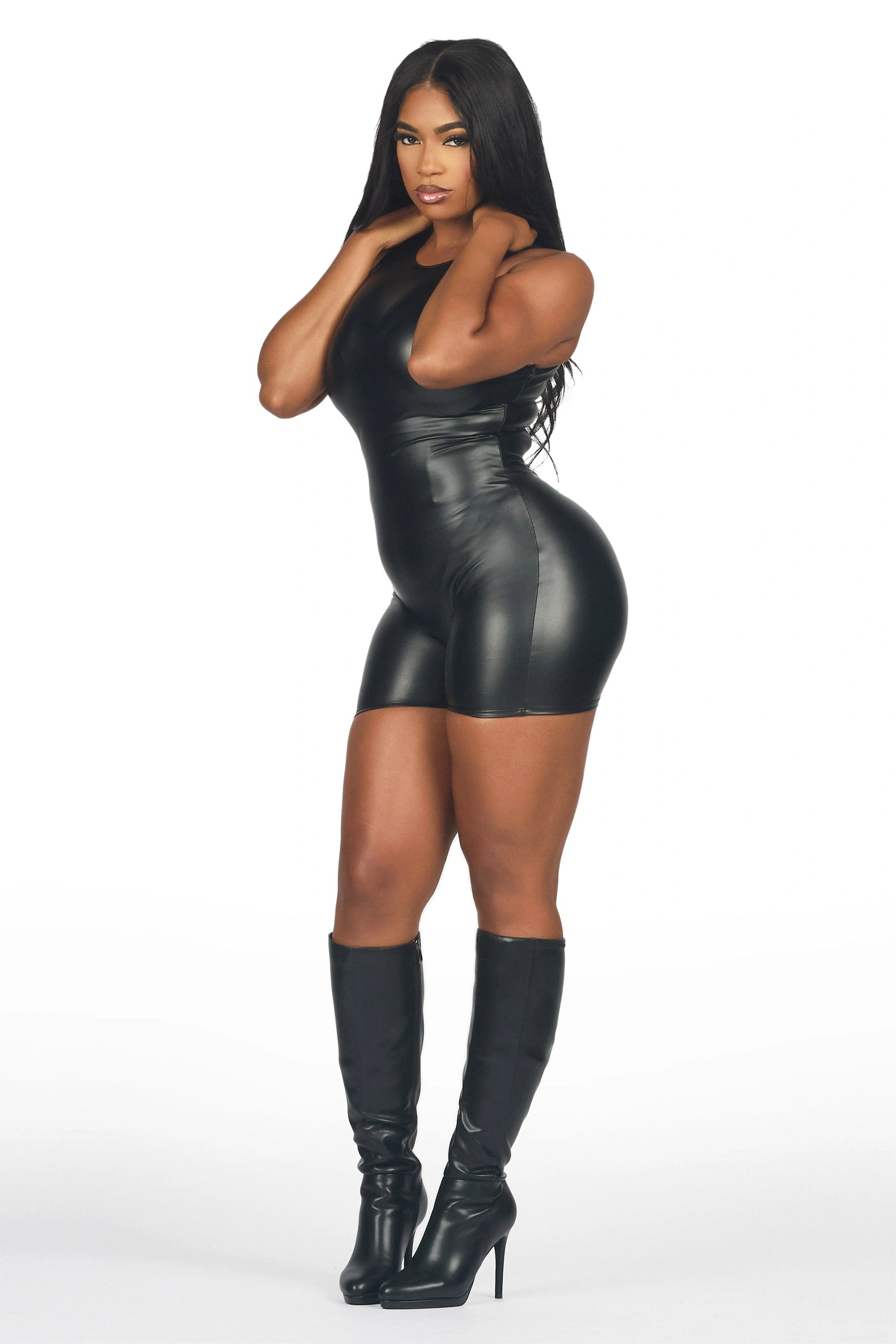 Slick-back Black Pleather Romper