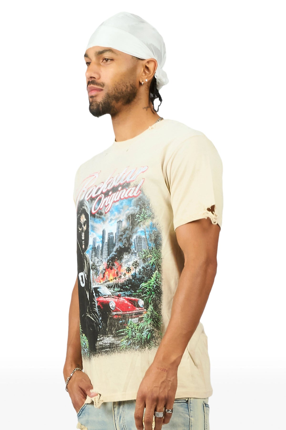 Tavian Beige Oversized Graphic T-Shirt