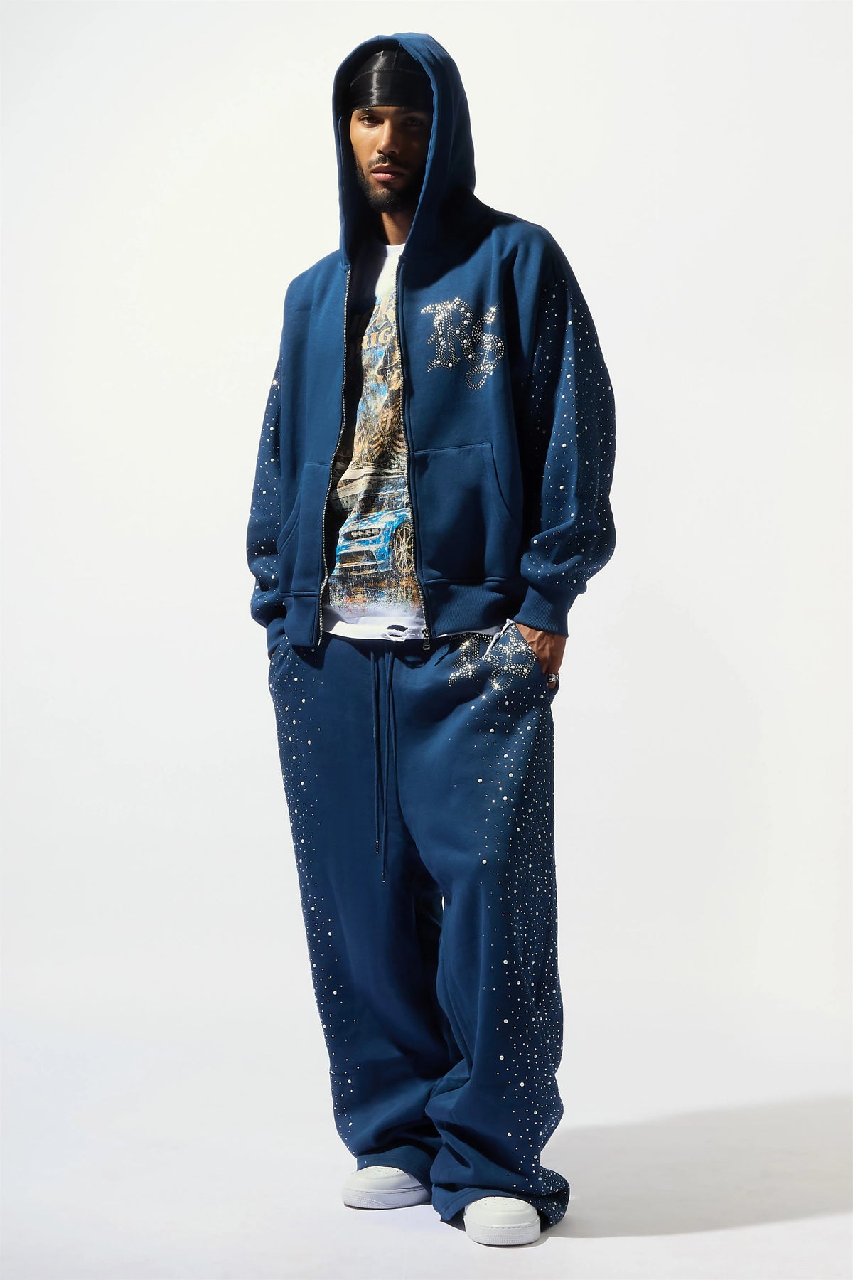 Fenrir Navy Rhinestone Hoodie/Baggy Pant Track Set