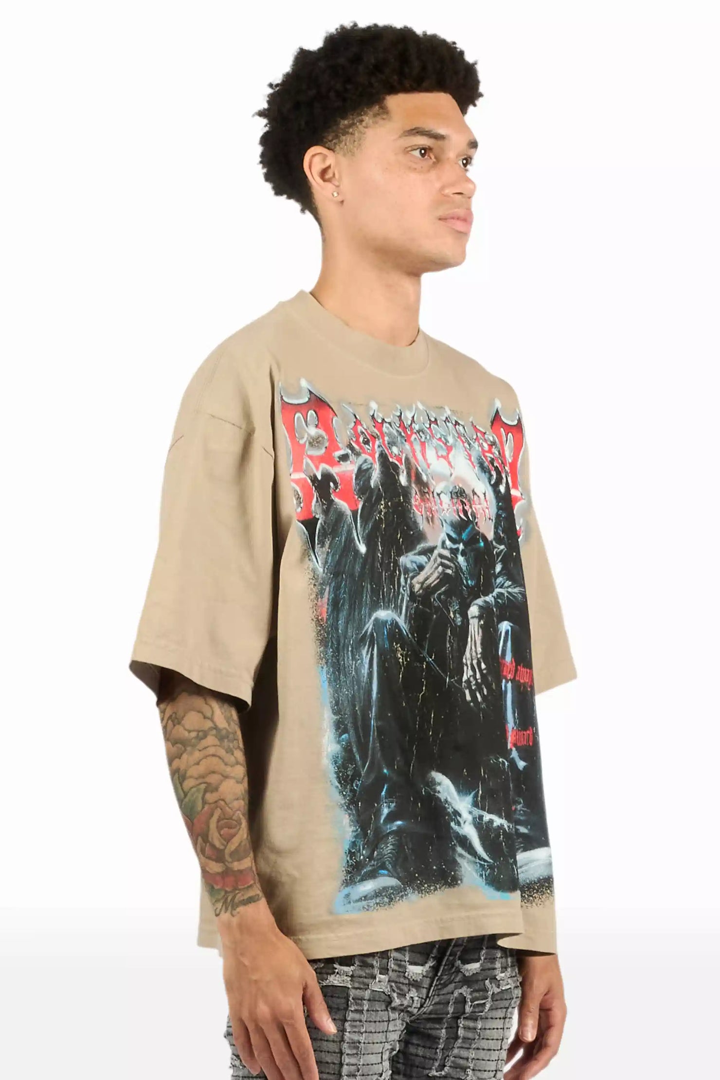 Krowne Beige/Black Oversized Graphic T-Shirt
