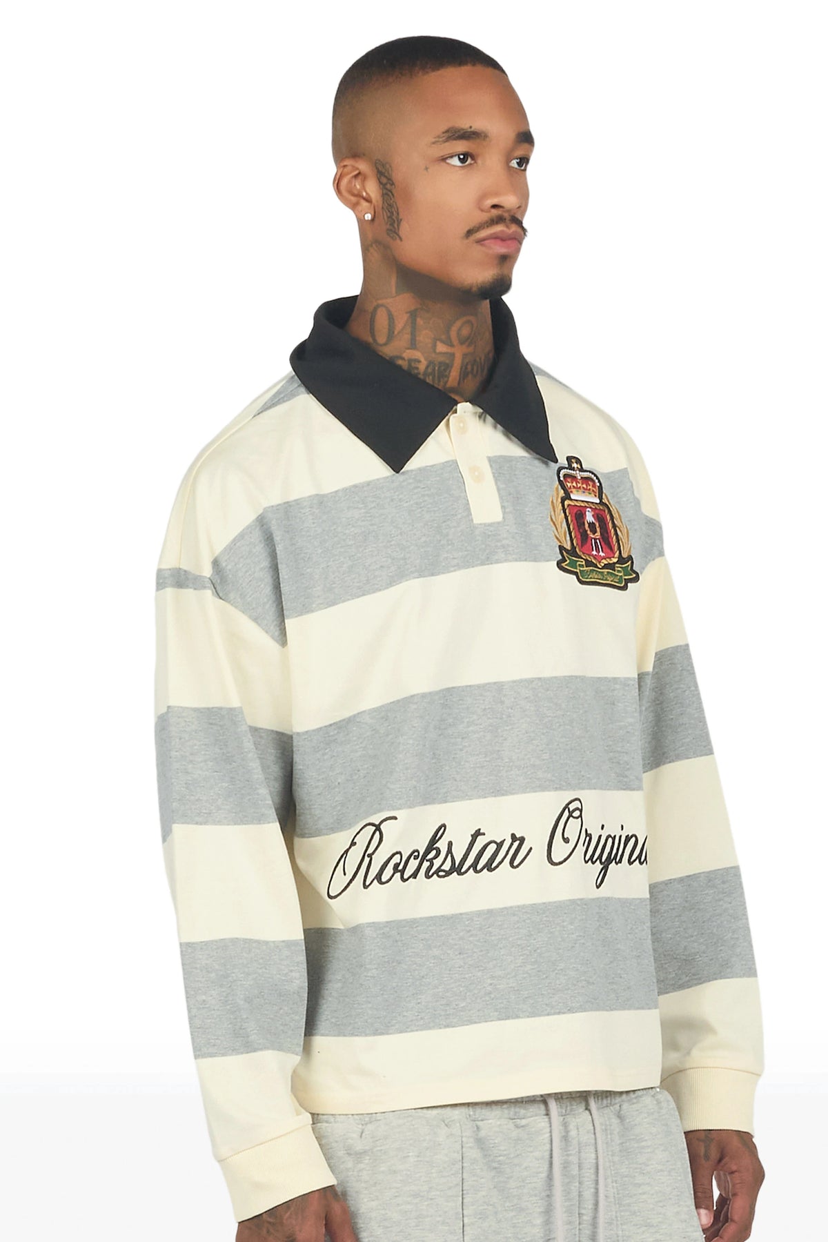 Flynn White/Grey Long Sleeve Polo Shirt
