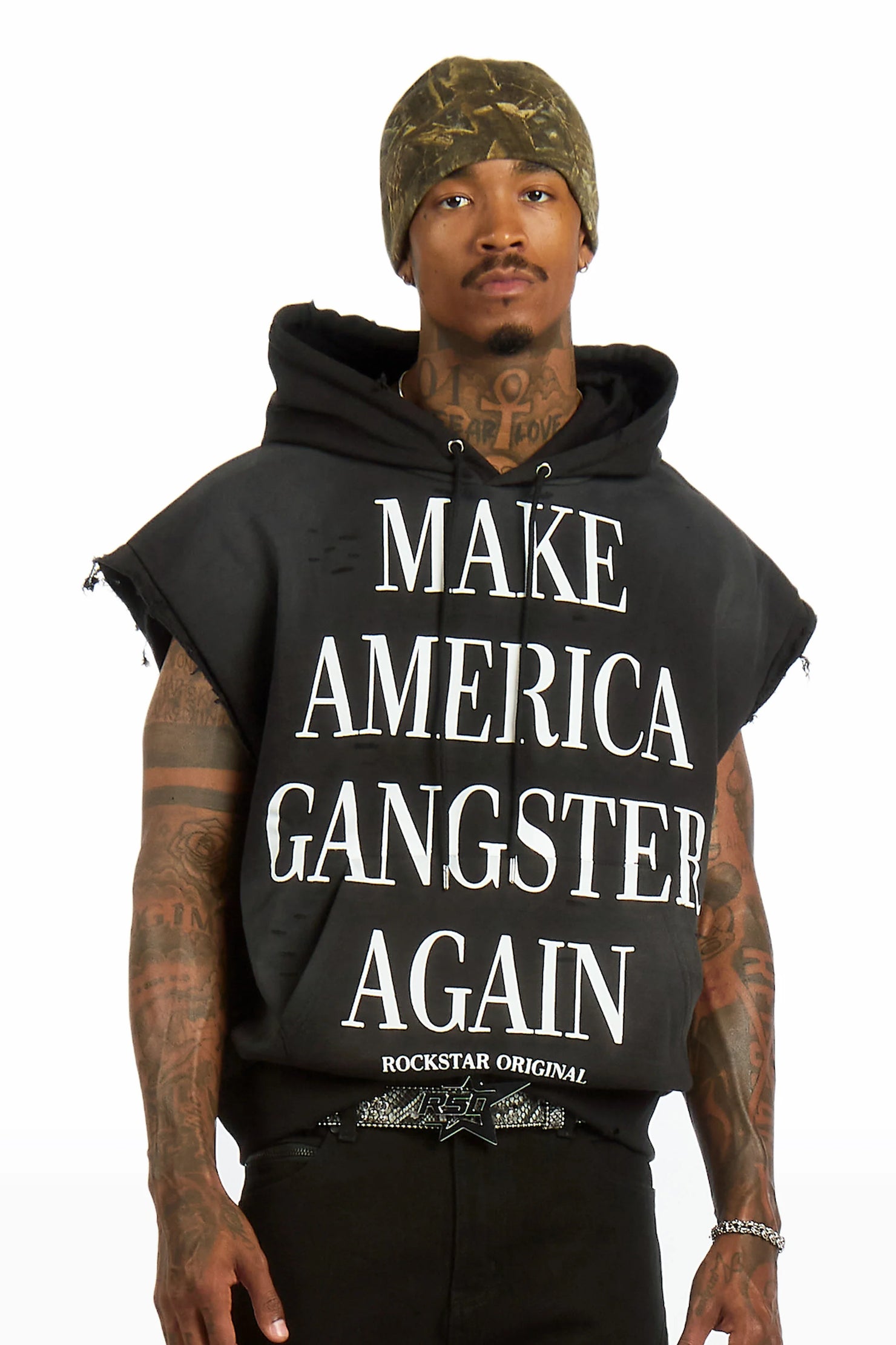 Drako Black Graphic Distressed Cut Sleeve Hoodie