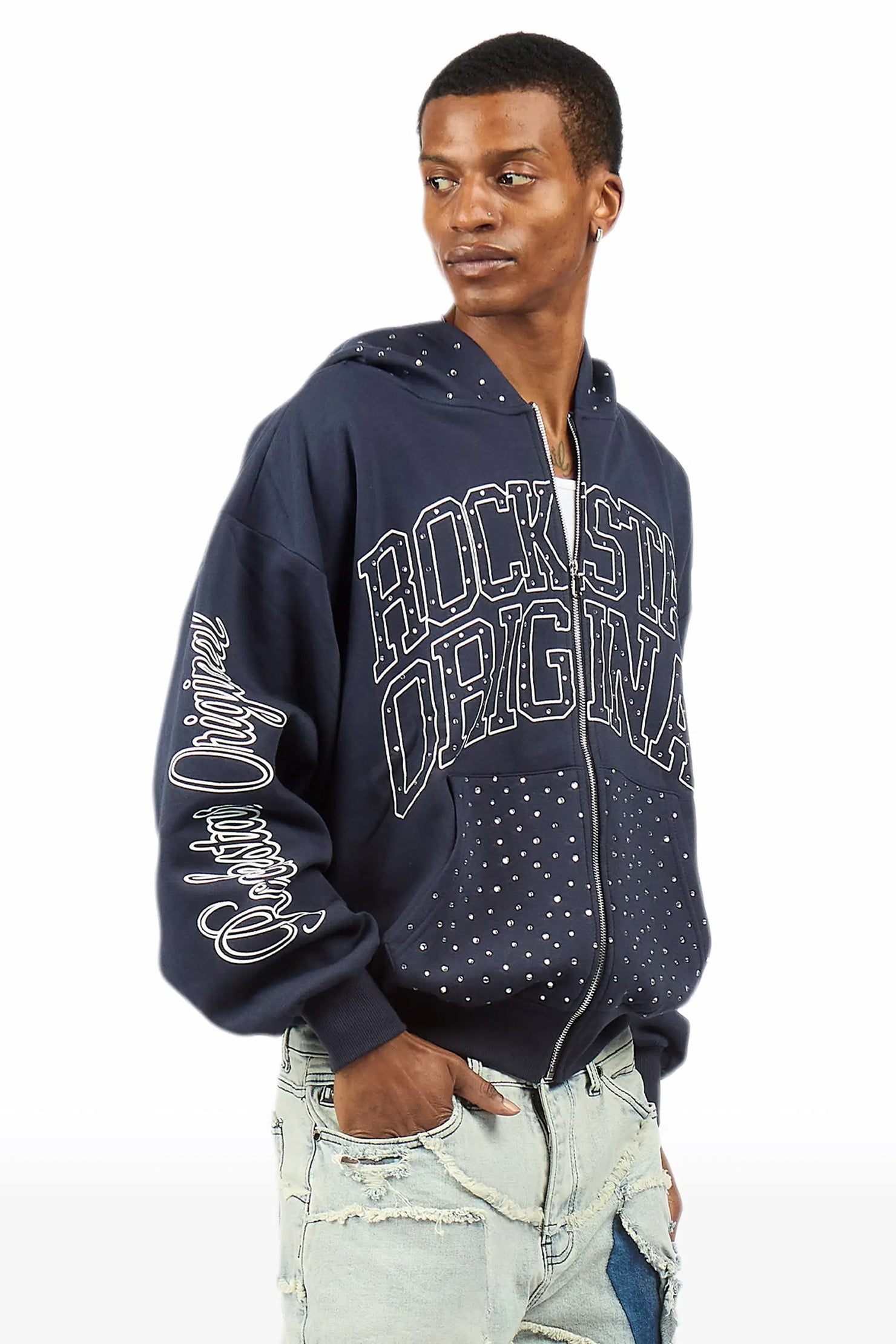 Dripped Navy Rhinestone Hoodie