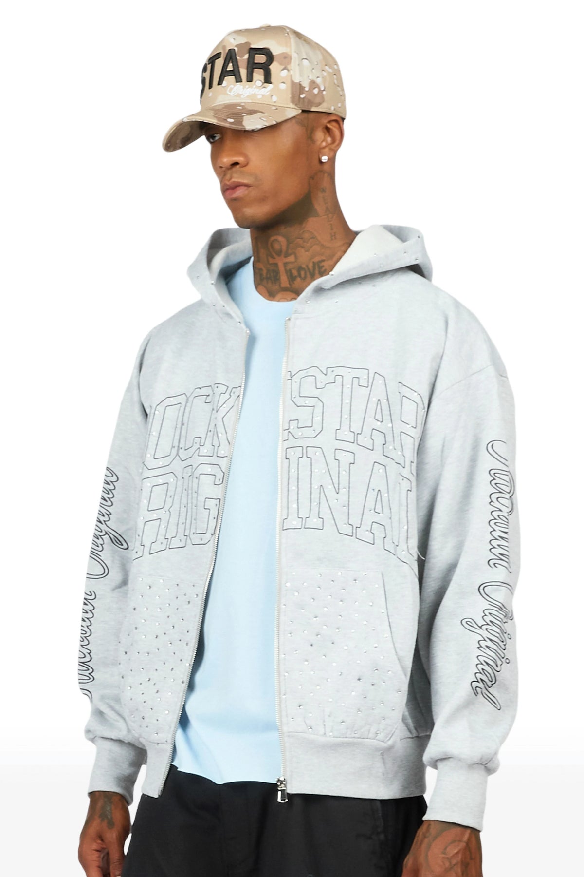 Dripped Heather Grey Rhinestone Hoodie