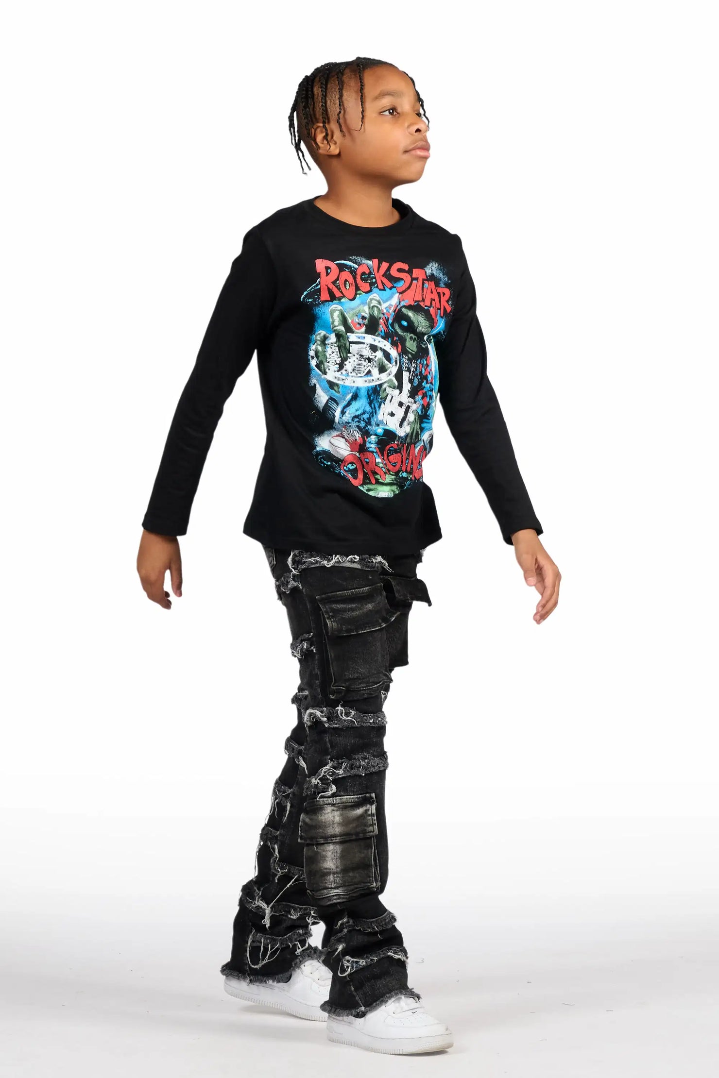 Boys Yves Jet Black Stacked Flare Cargo Jean