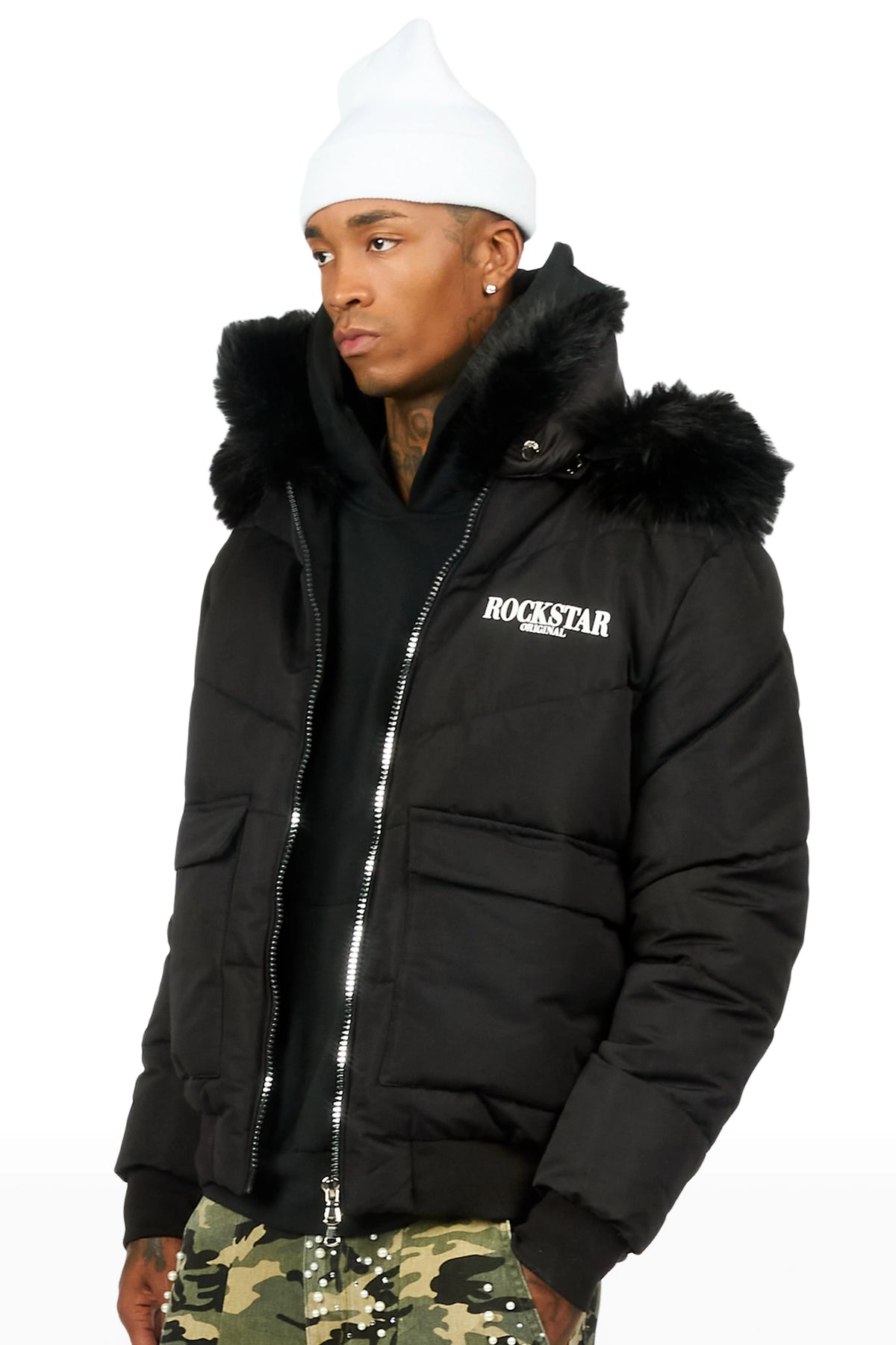 Langston Black Puffer Jacket with Fur Hood