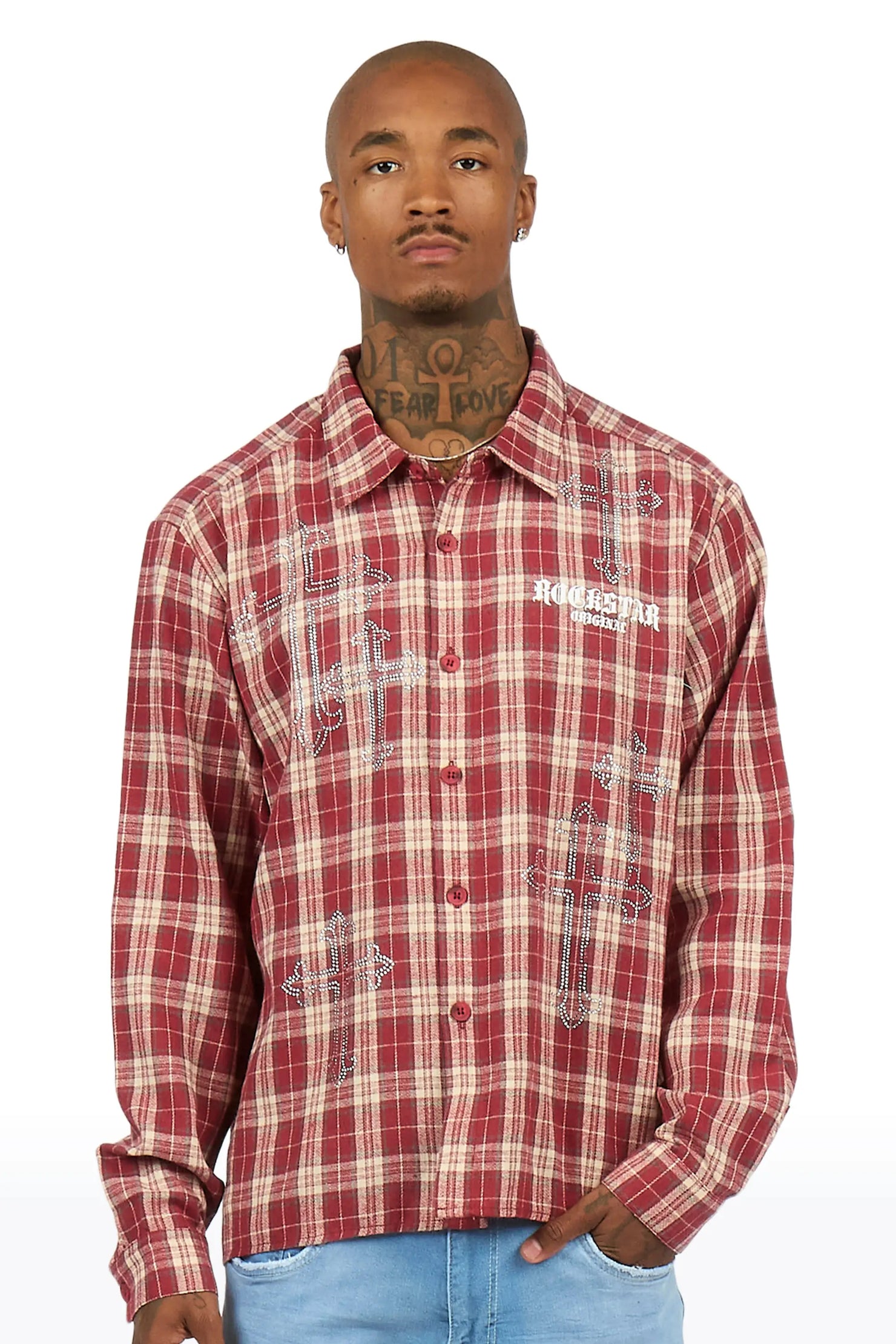 Poldi Red Rhinestone Flannel Long Sleeve Shirt