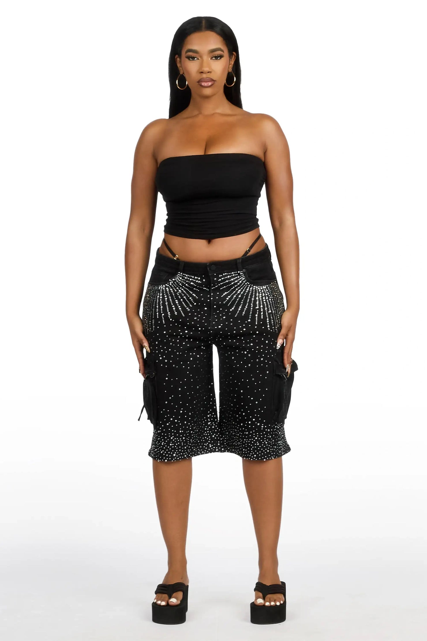 Lashandra Black Rhinestone Denim Jort