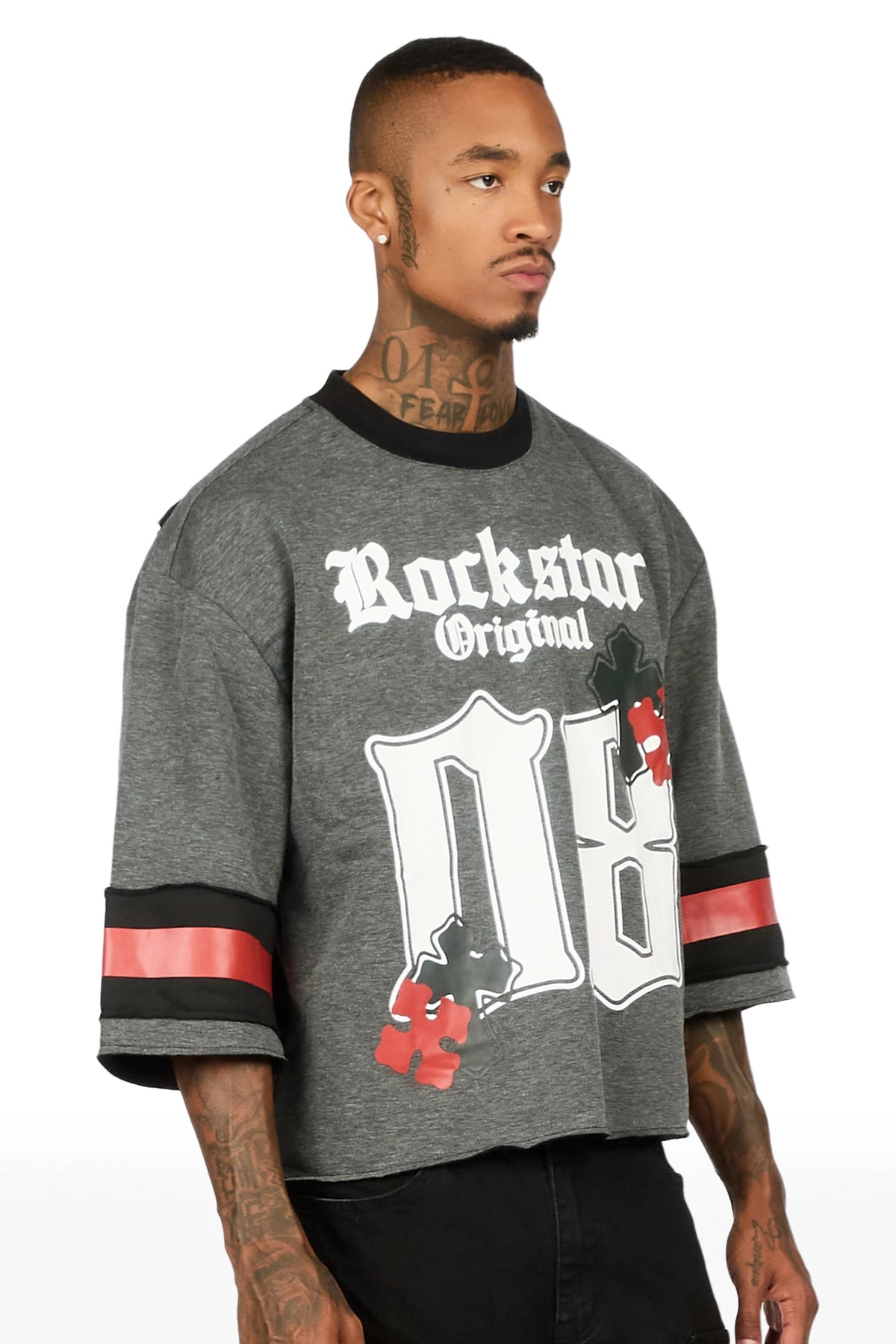 Bracken Dark Grey 3/4 Sleeve Boxy Crop Tee