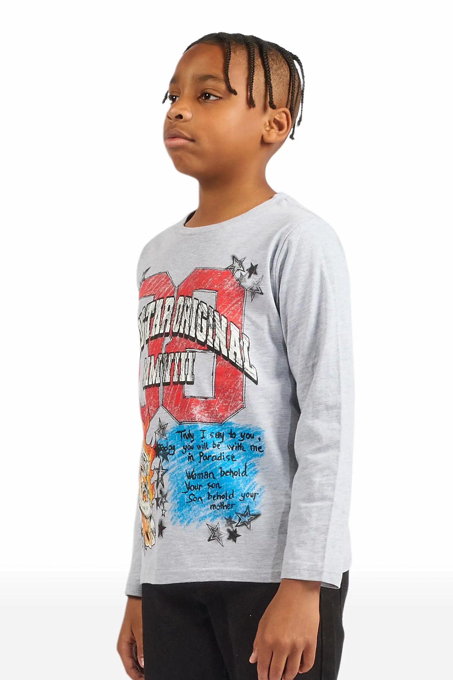 Boys Jesus Crayon Heather Grey Long Sleeve Graphic T-Shirt