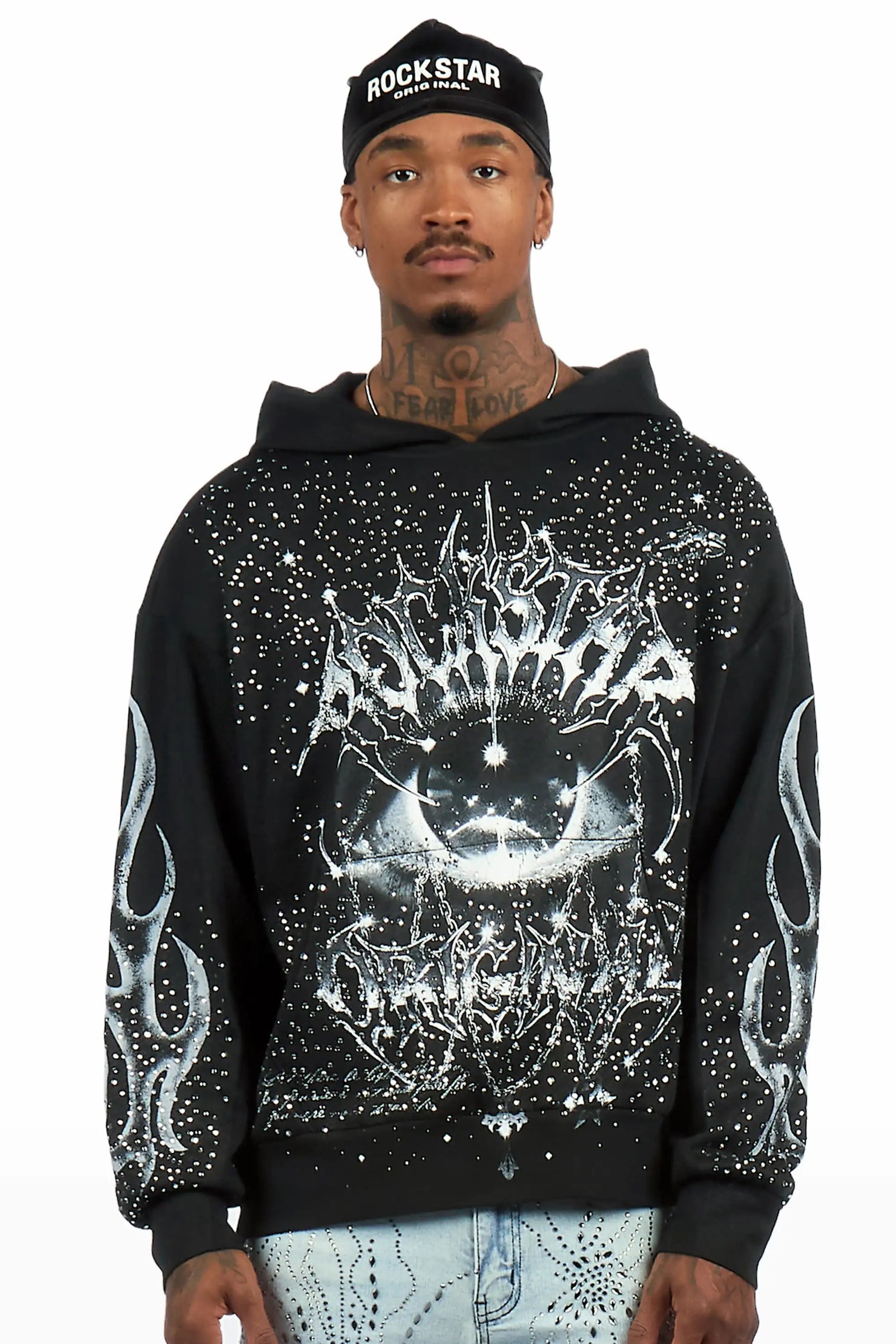 Malykz Black Rhinestone Graphic Hoodie