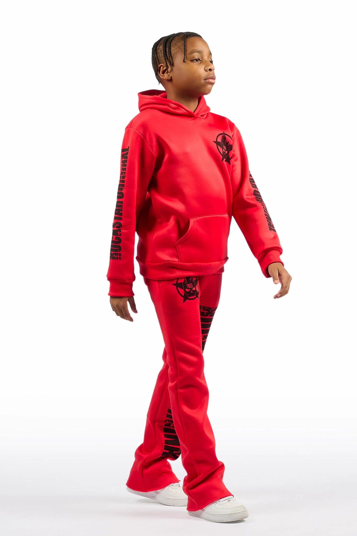 Boys Keve Red Hoodie Stacked Track Pant Set