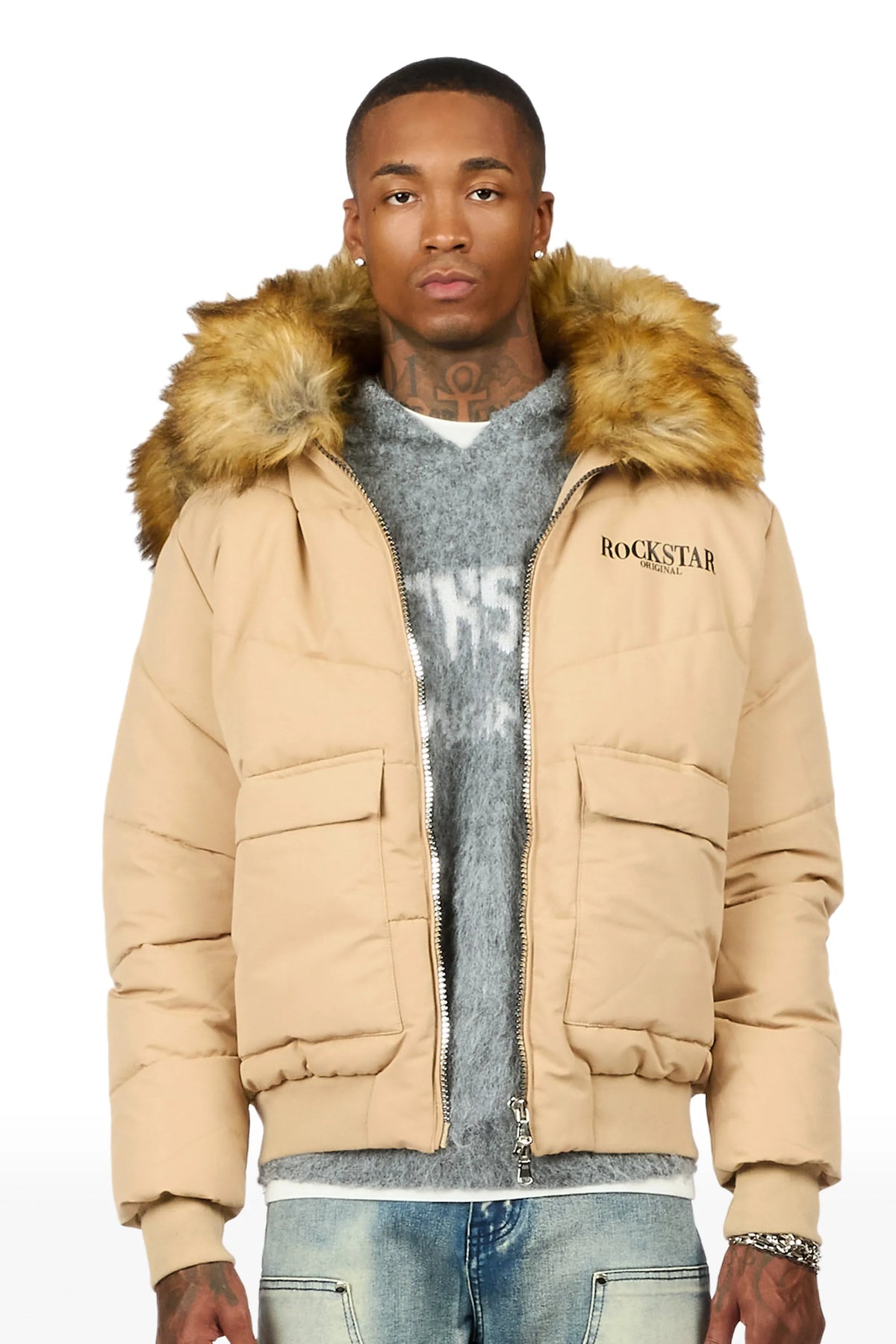 Langston Beige Puffer Jacket with Fur Hood