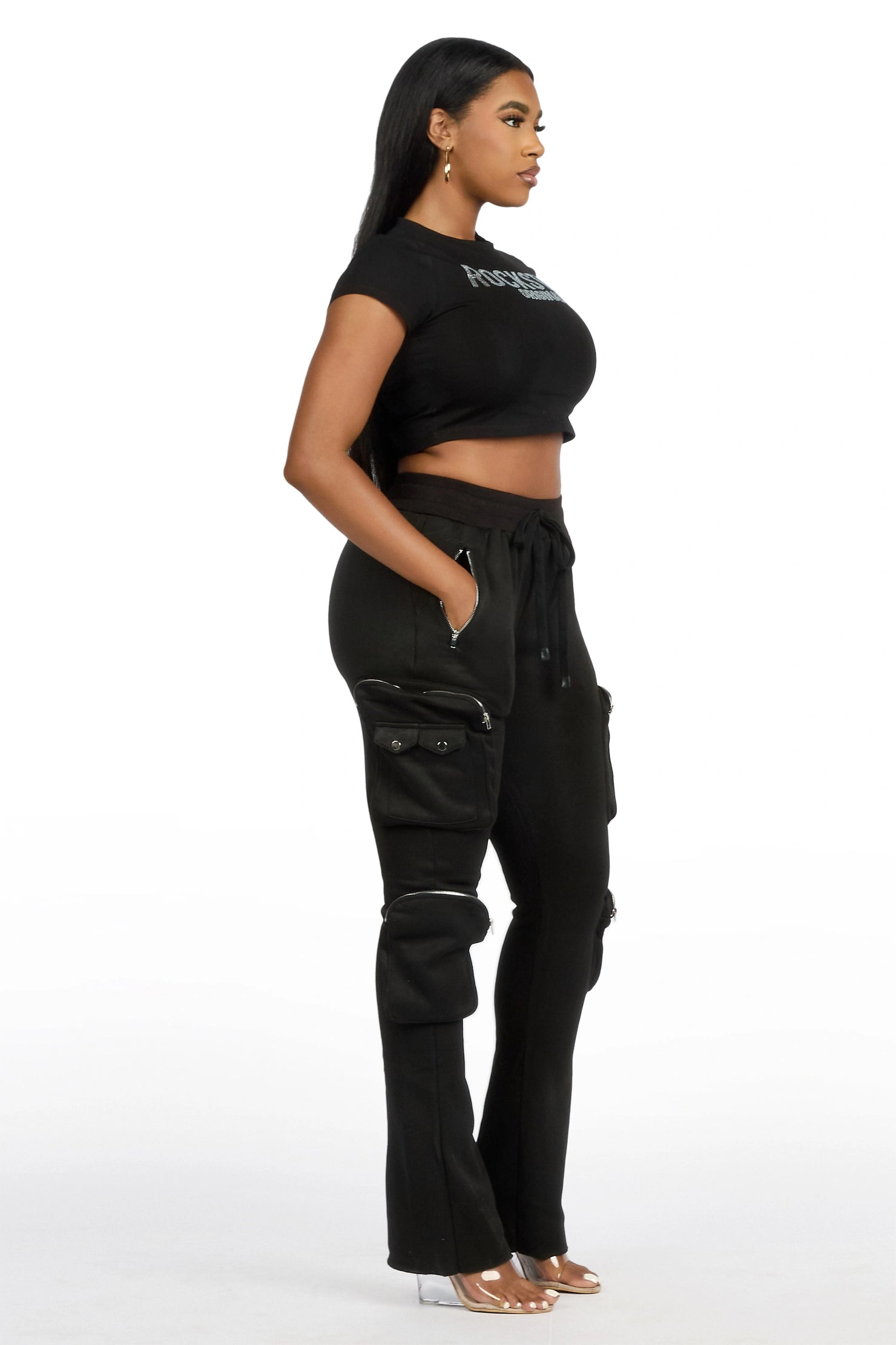 Cheronnie Black Cargo Stacked Track Pant