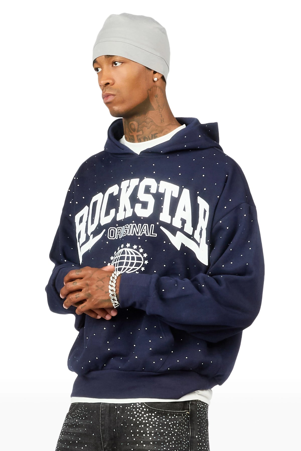 Stori Navy Rhinestone Graphic Hoodie