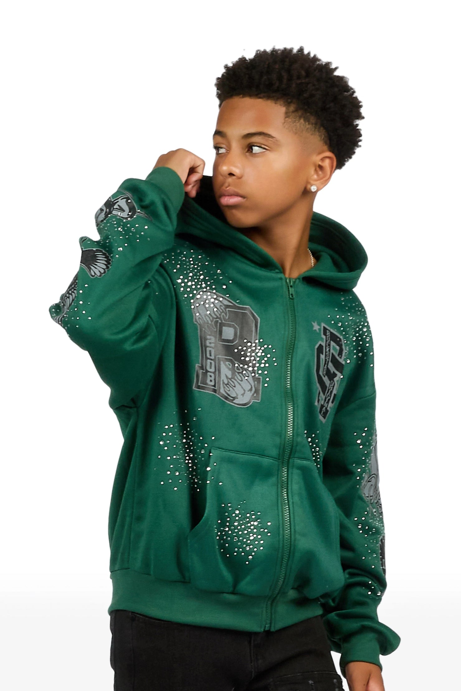 Boys Igor Green/Black Rhinestone Zip Up Hoodie