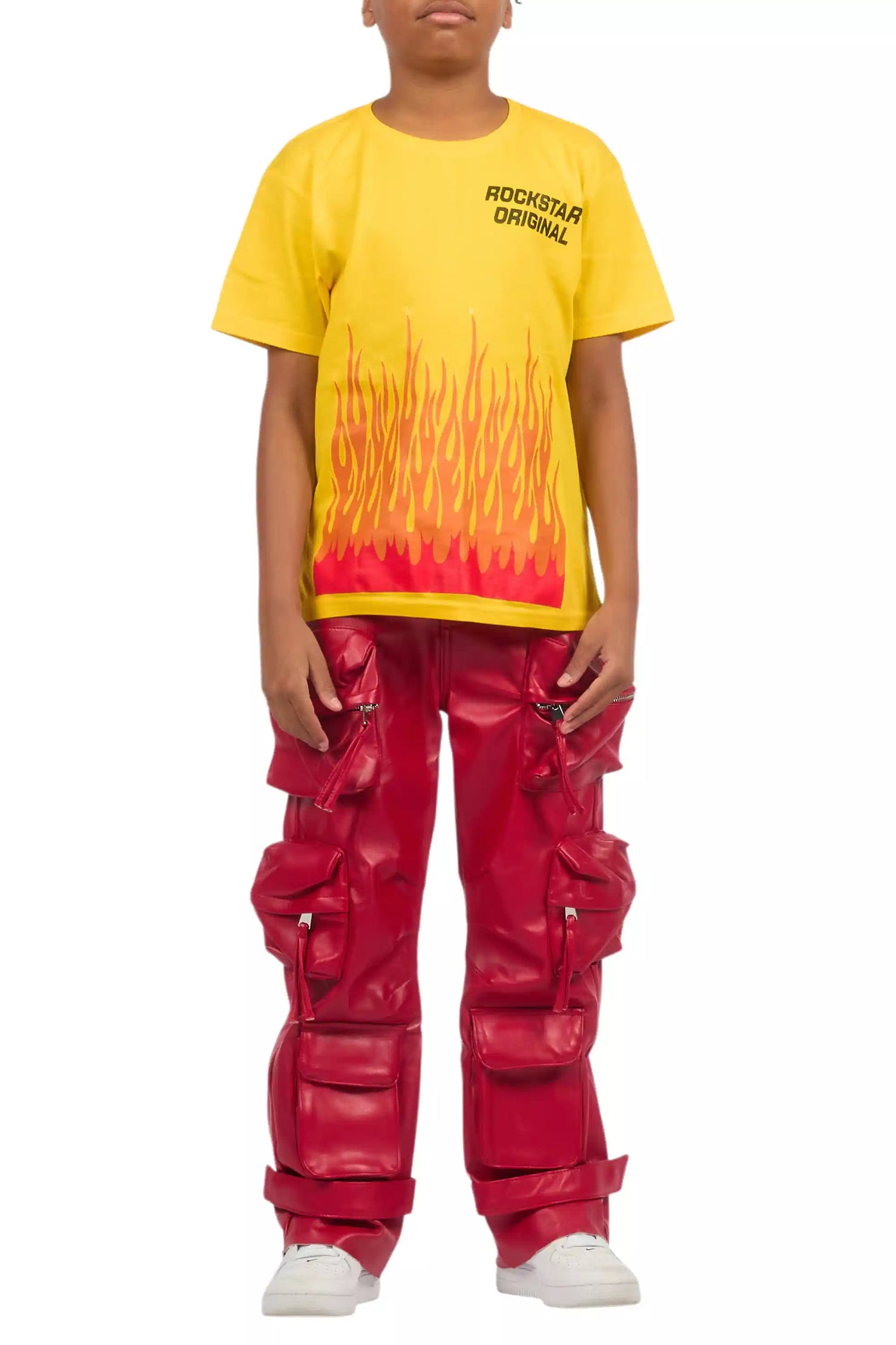 Boys Lenz Red PU Cargo Leather Baggy Fit Jean