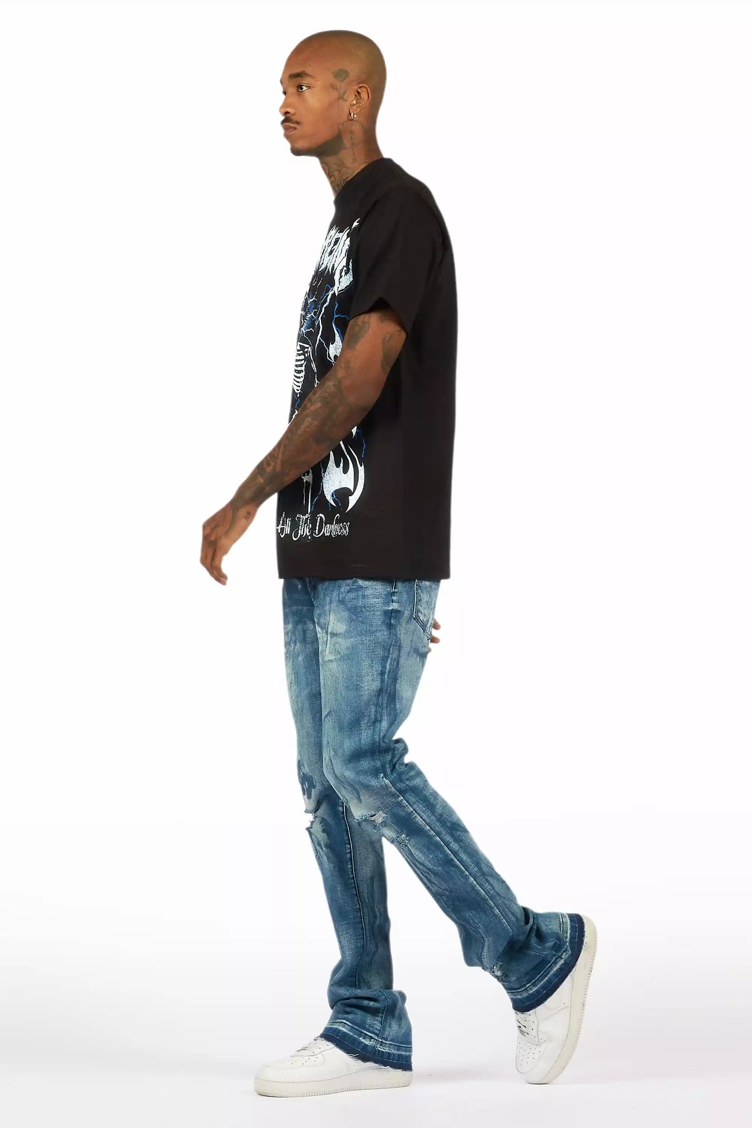 Inkspill Blue Oil Wash Stacked Flare Jean