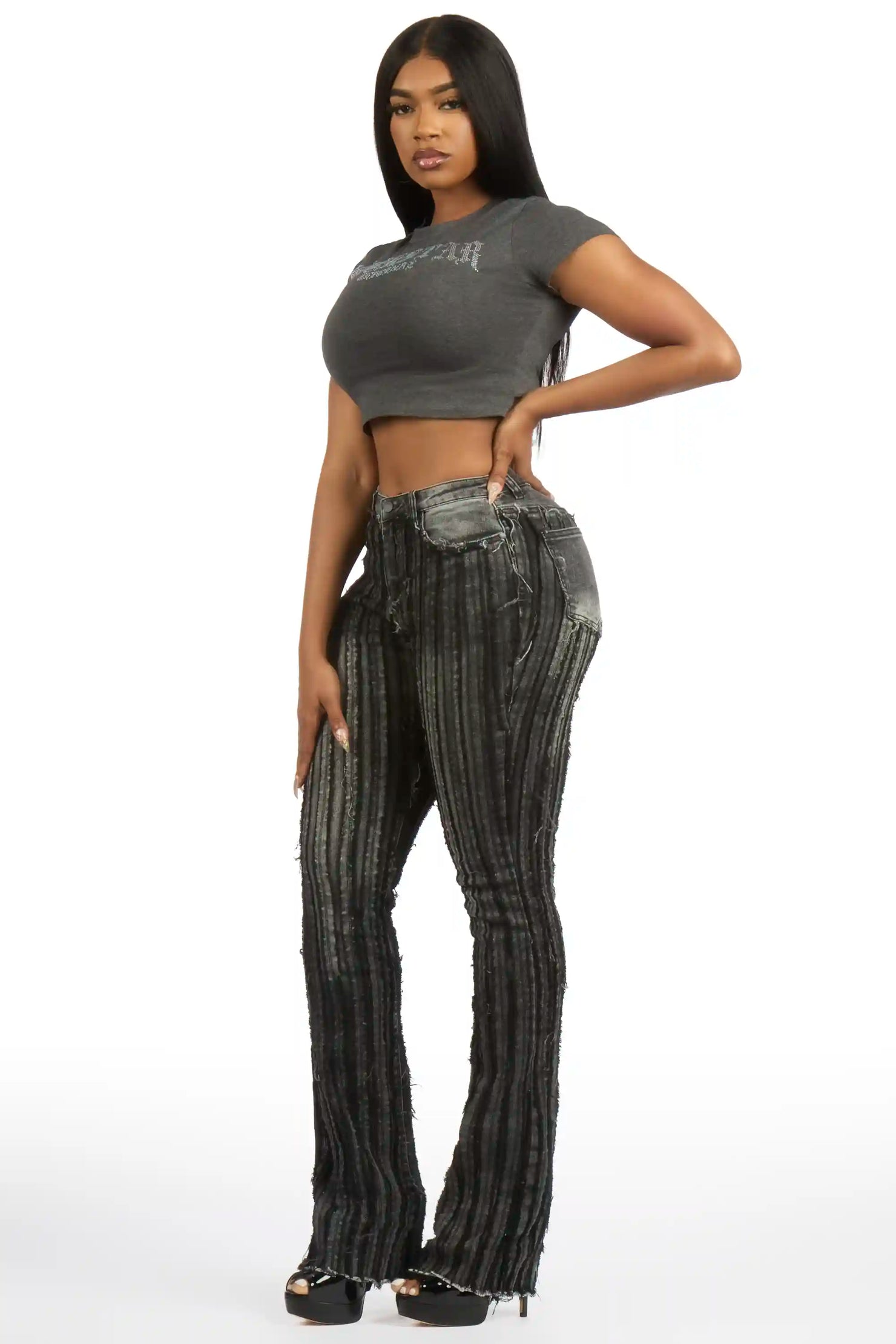 LaNetta Charcoal Rhinestone Crop Baby Tee Shirt