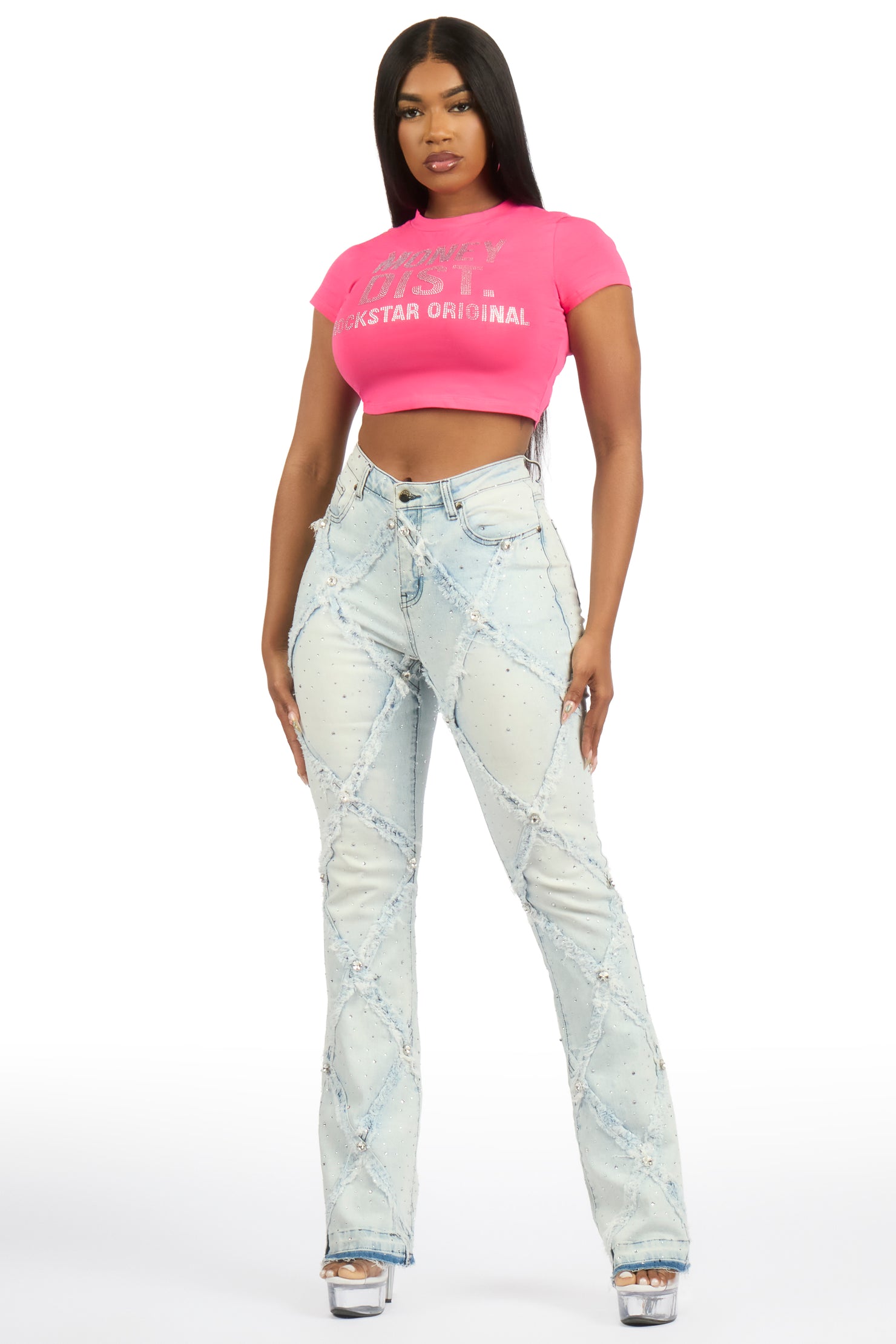 Sheteka Hot Pink Rhinestone Crop Baby Tee Shirt
