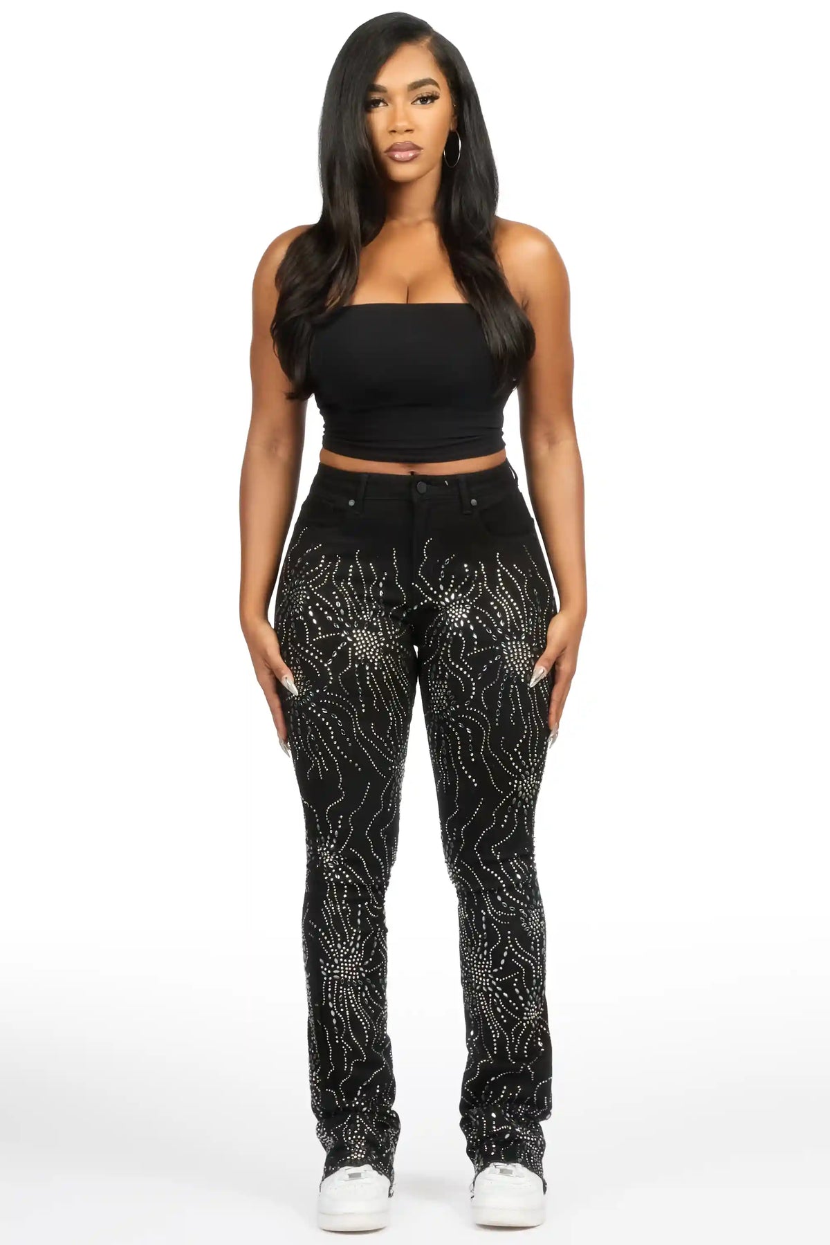 Deidra Black Rhinestone Stacked Flare Jean