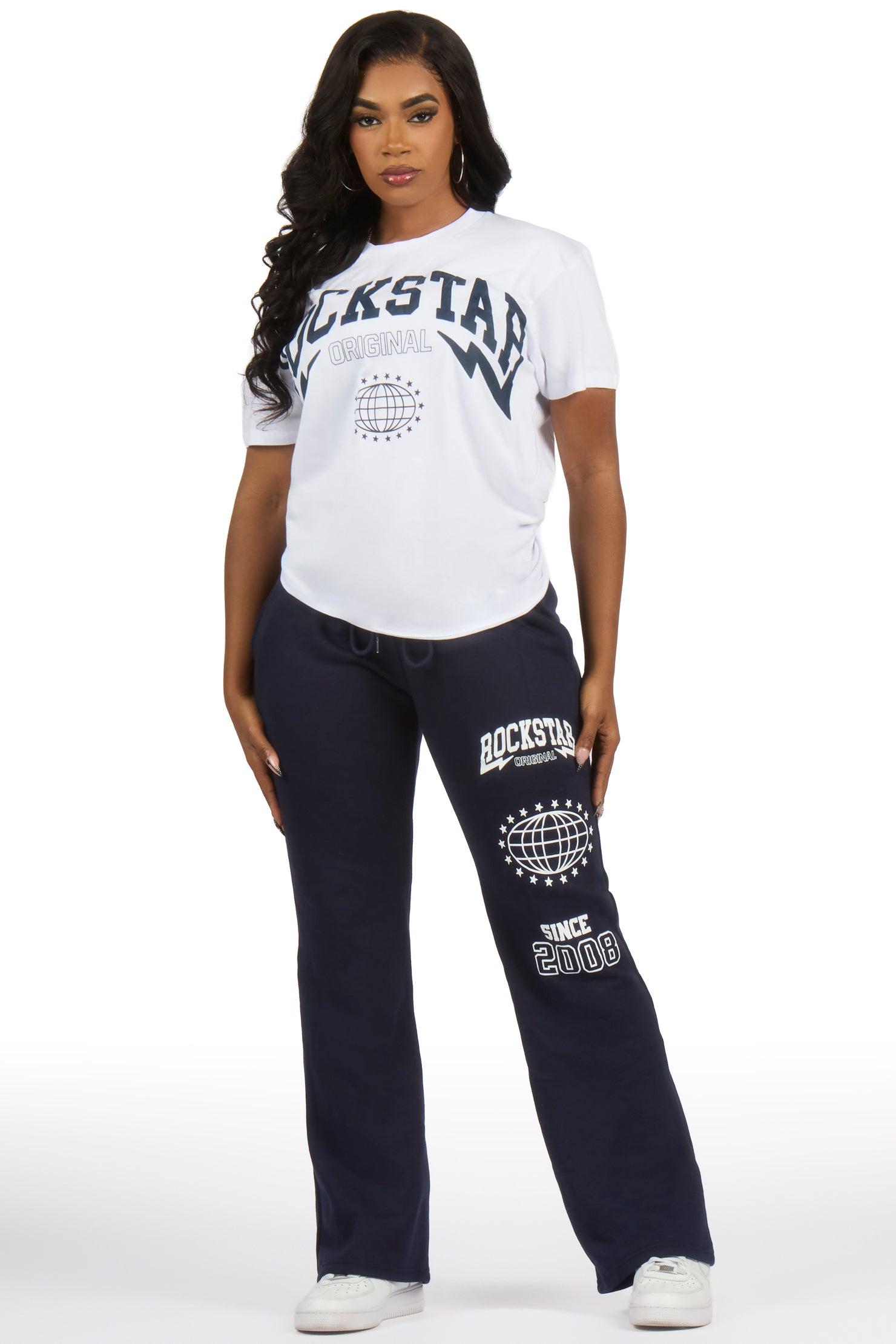 Storiana White/Navy T-Shirt Relaxed Track Set