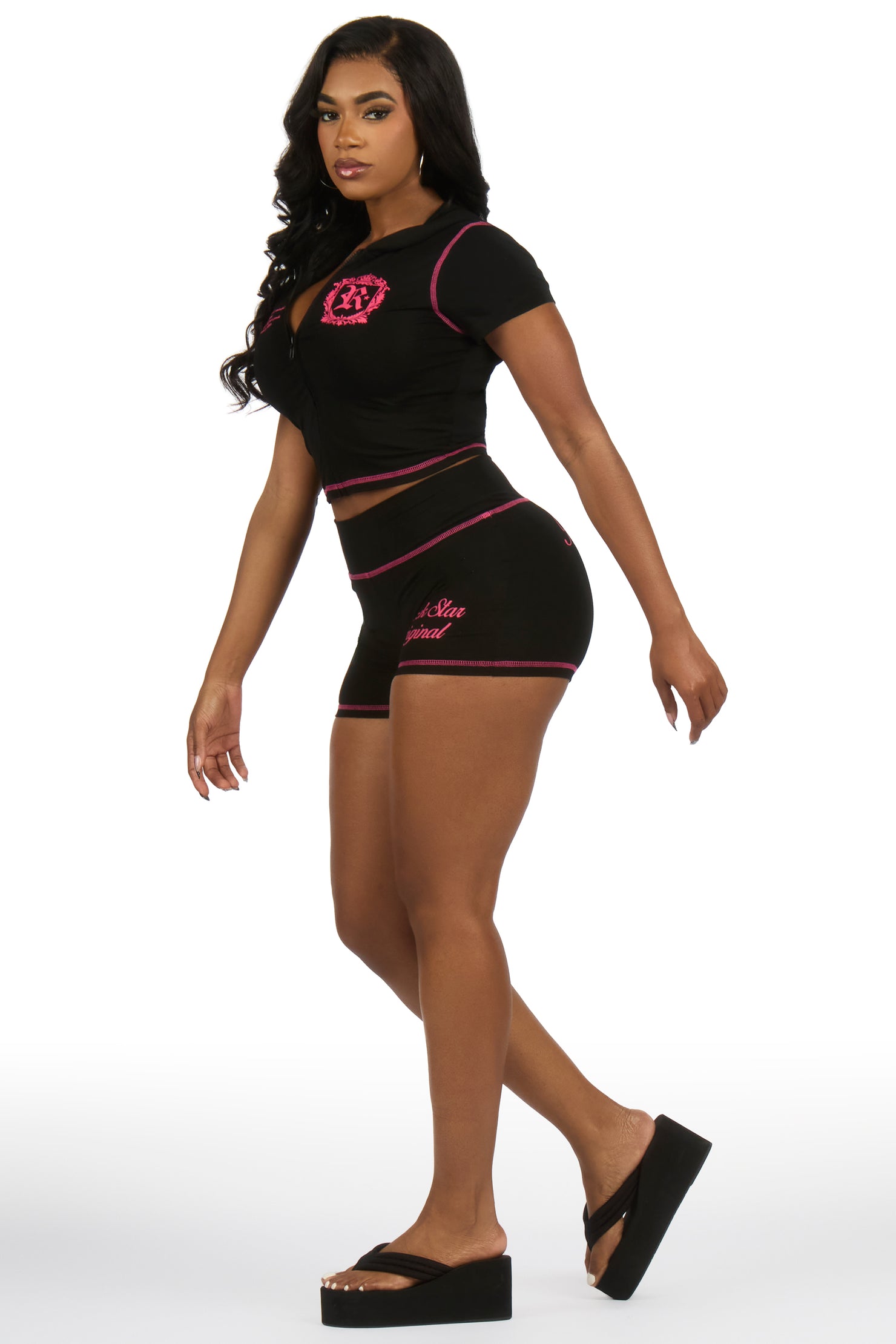 Desmine Black Short Sleeve Zip Up Short Set