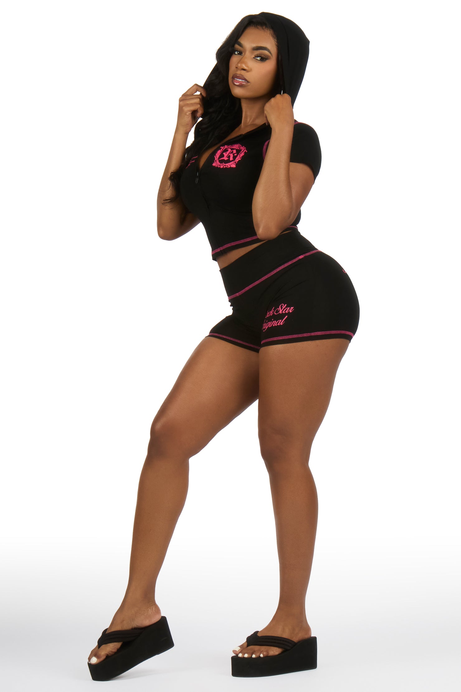 Desmine Black Short Sleeve Zip Up Short Set