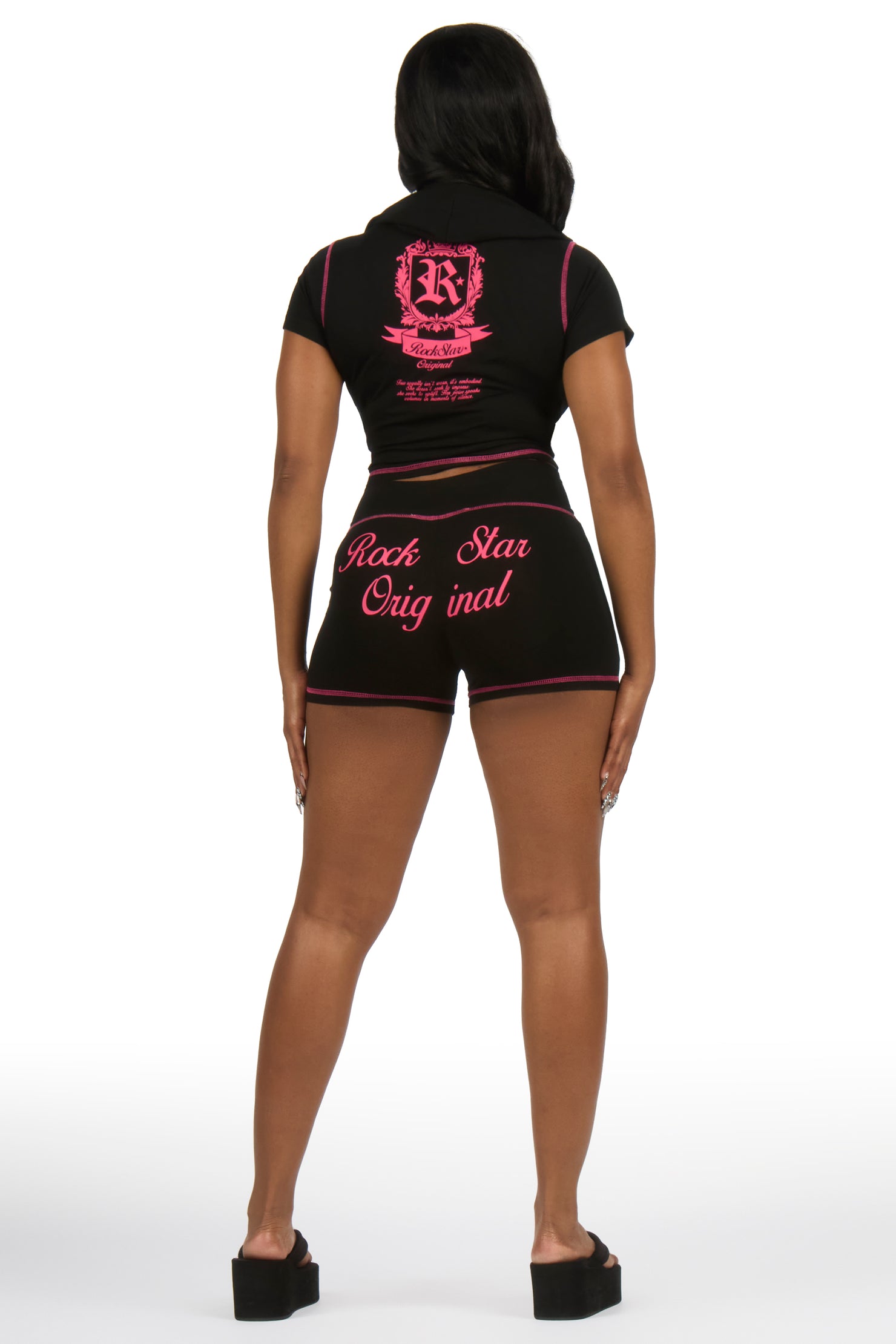 Desmine Black Short Sleeve Zip Up Short Set