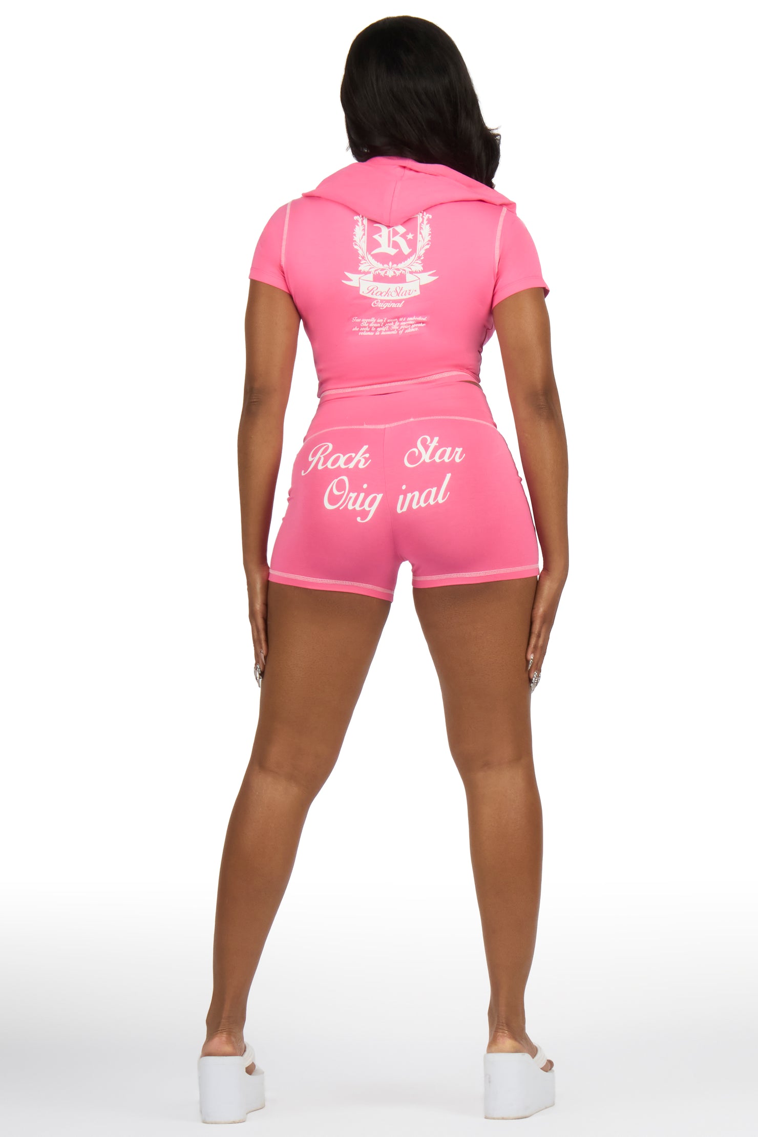 Desmine Pink Short Sleeve Zip Up Short Set