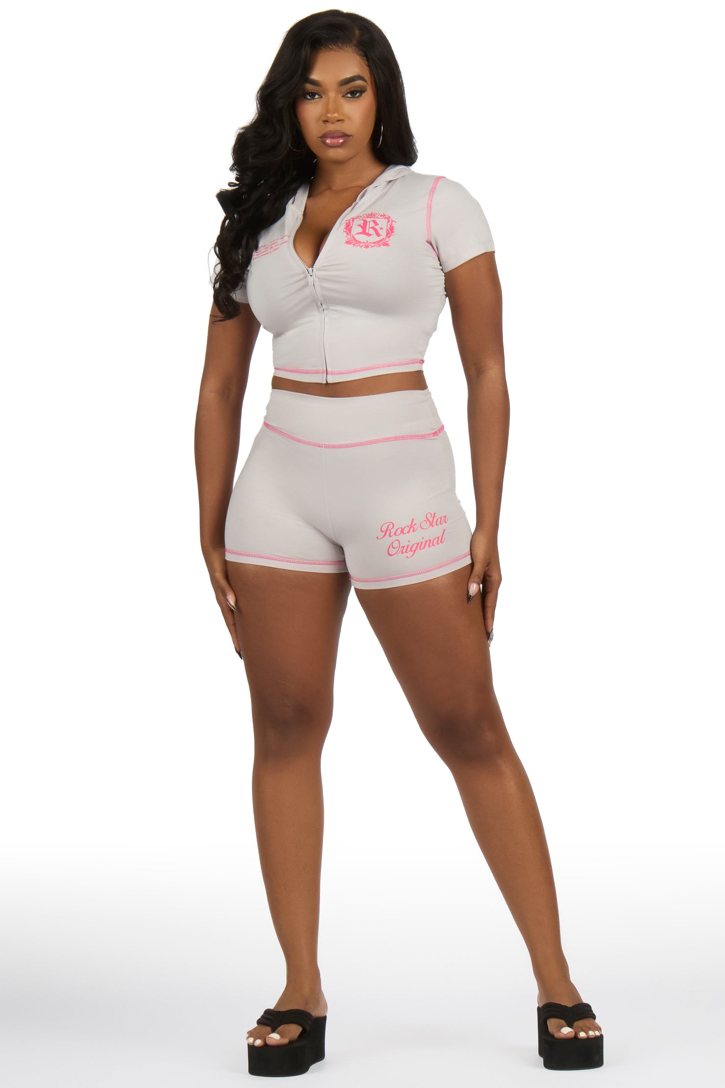 Desmine Grey Short Sleeve Zip Up Short Set