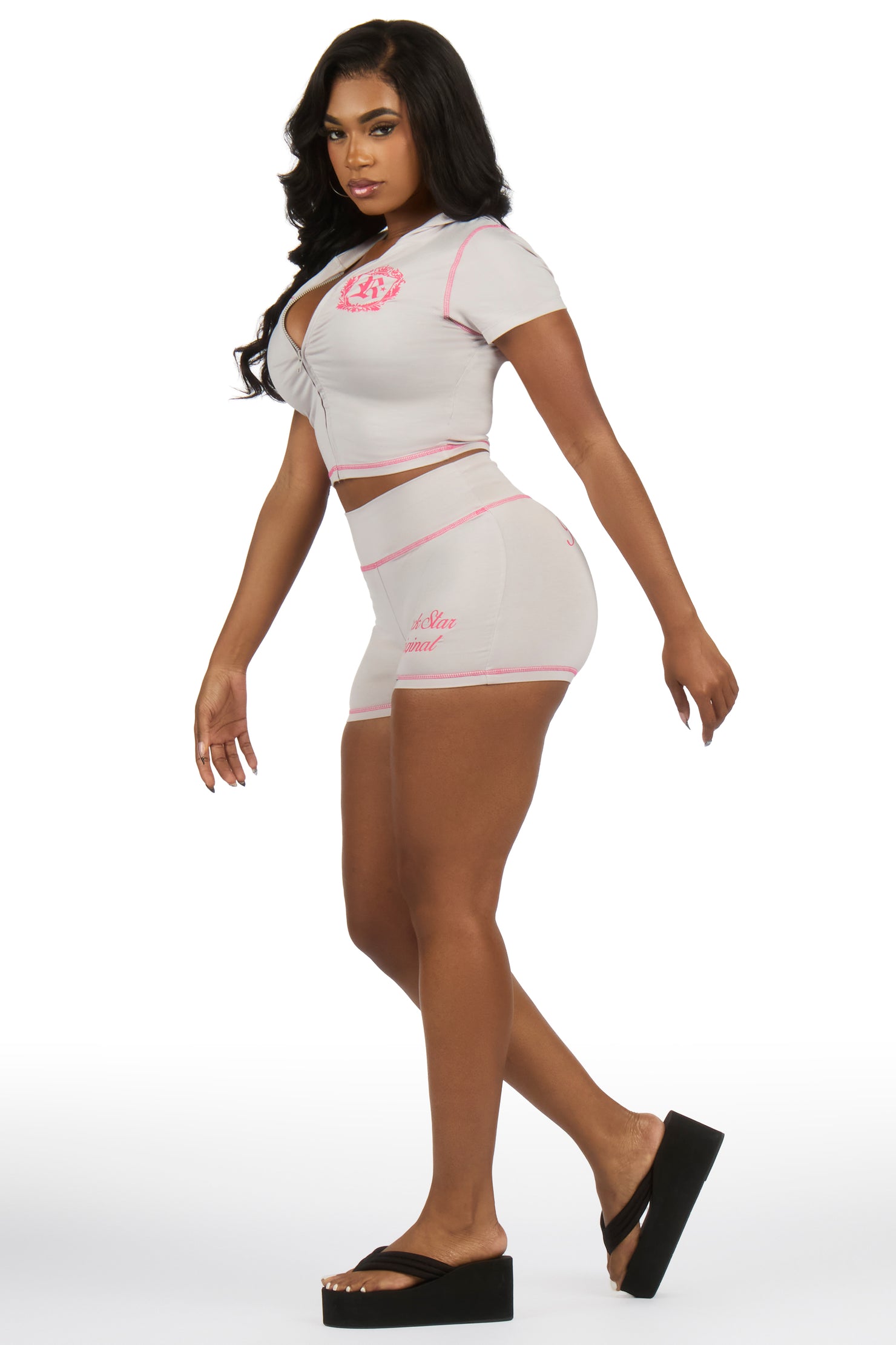 Desmine Grey Short Sleeve Zip Up Short Set