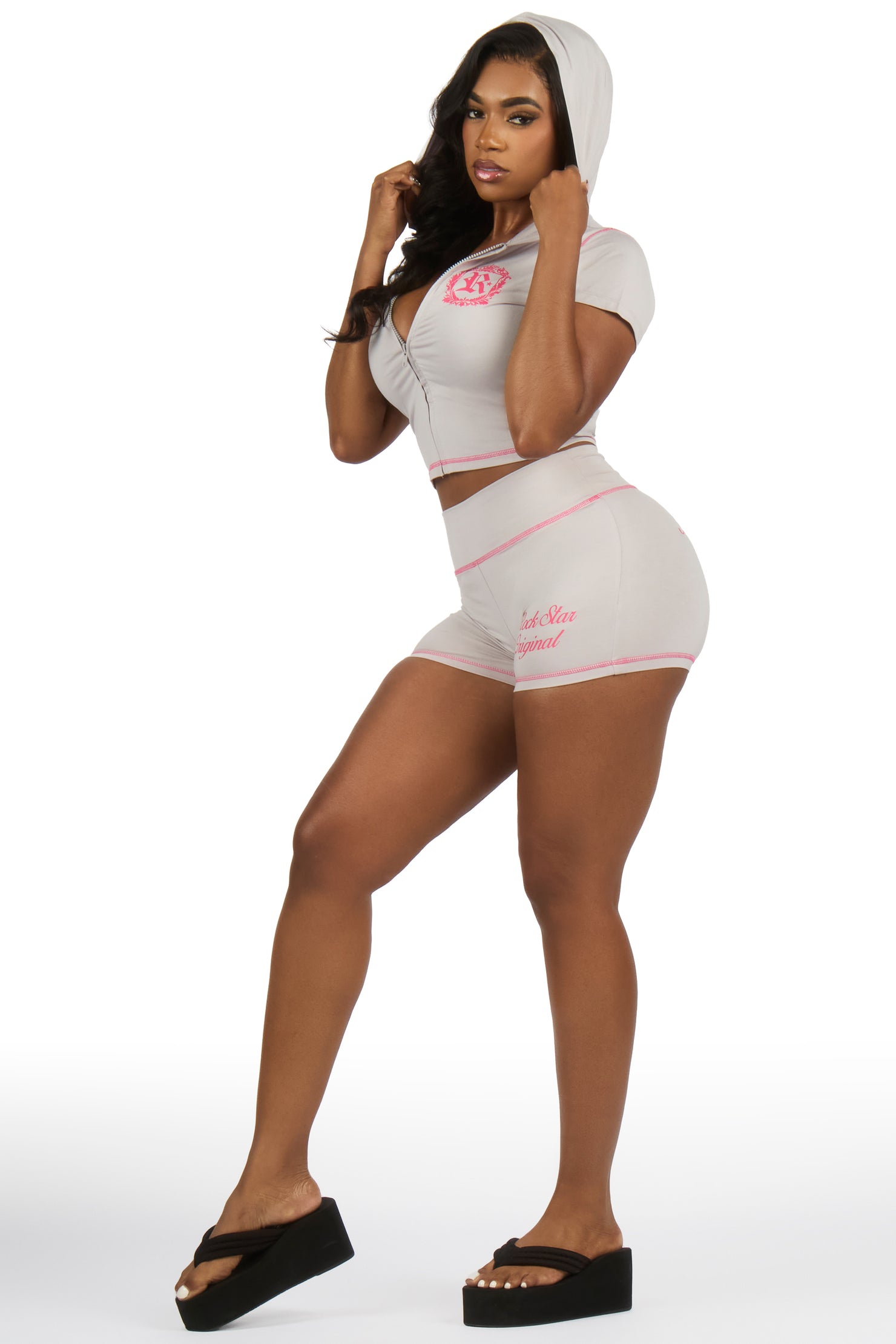 Desmine Grey Short Sleeve Zip Up Short Set